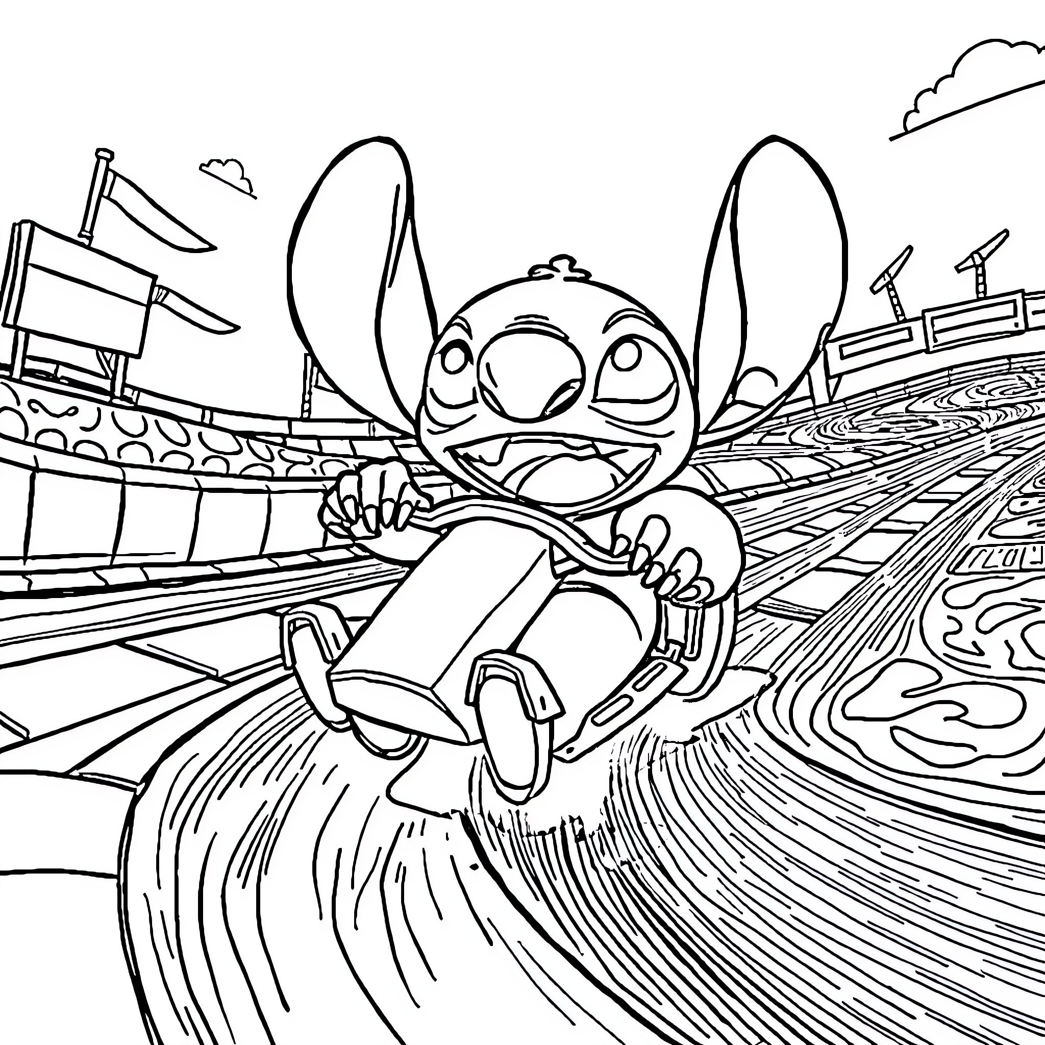 Stitch riding on a wave of wonder Coloring Page (free black-and-white line drawing printable PDF for all, from beginners to advanced learners, including children, teens, adults, and seniors)