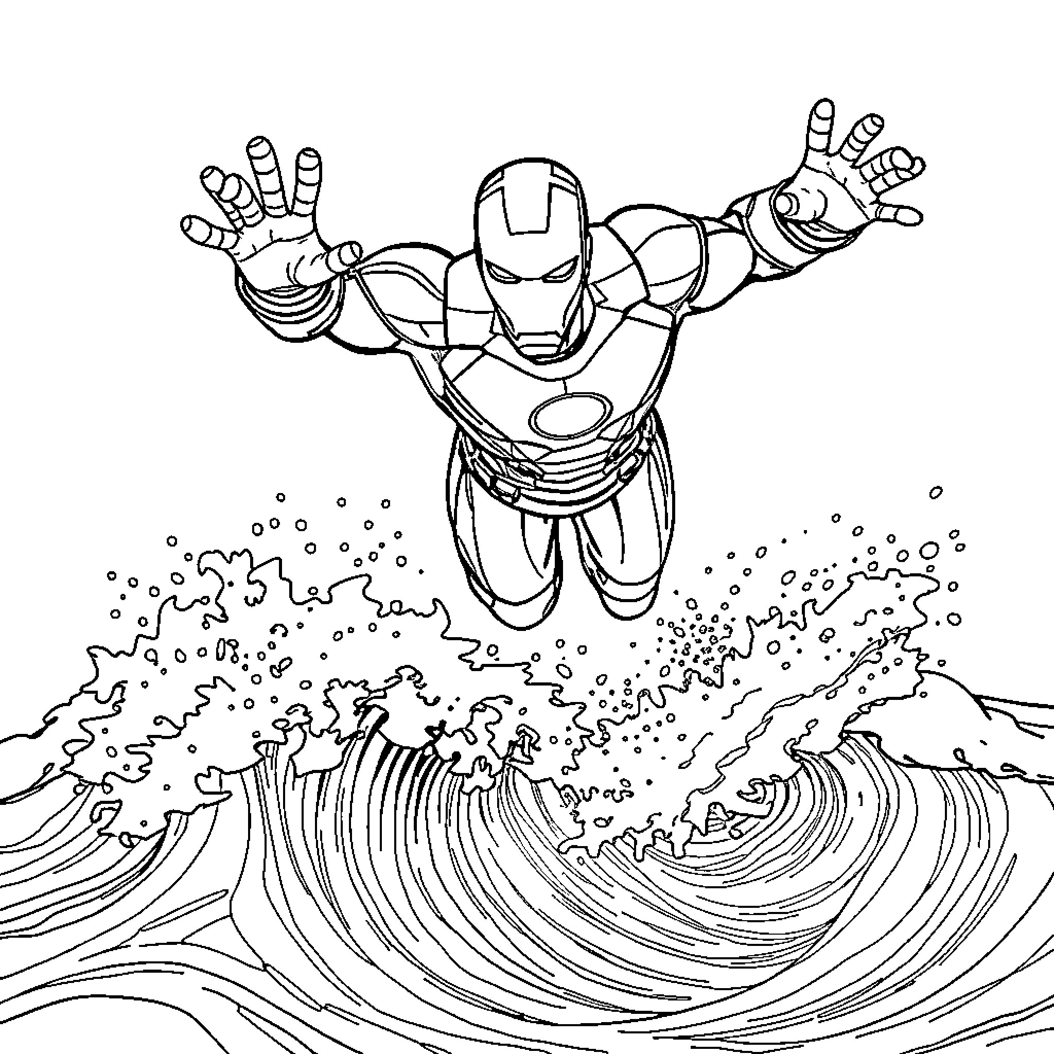 Ironman soaring over crashing waves Coloring Page (free black-and-white line drawing printable PDF for all, from beginners to advanced learners, including children, teens, adults, and seniors)