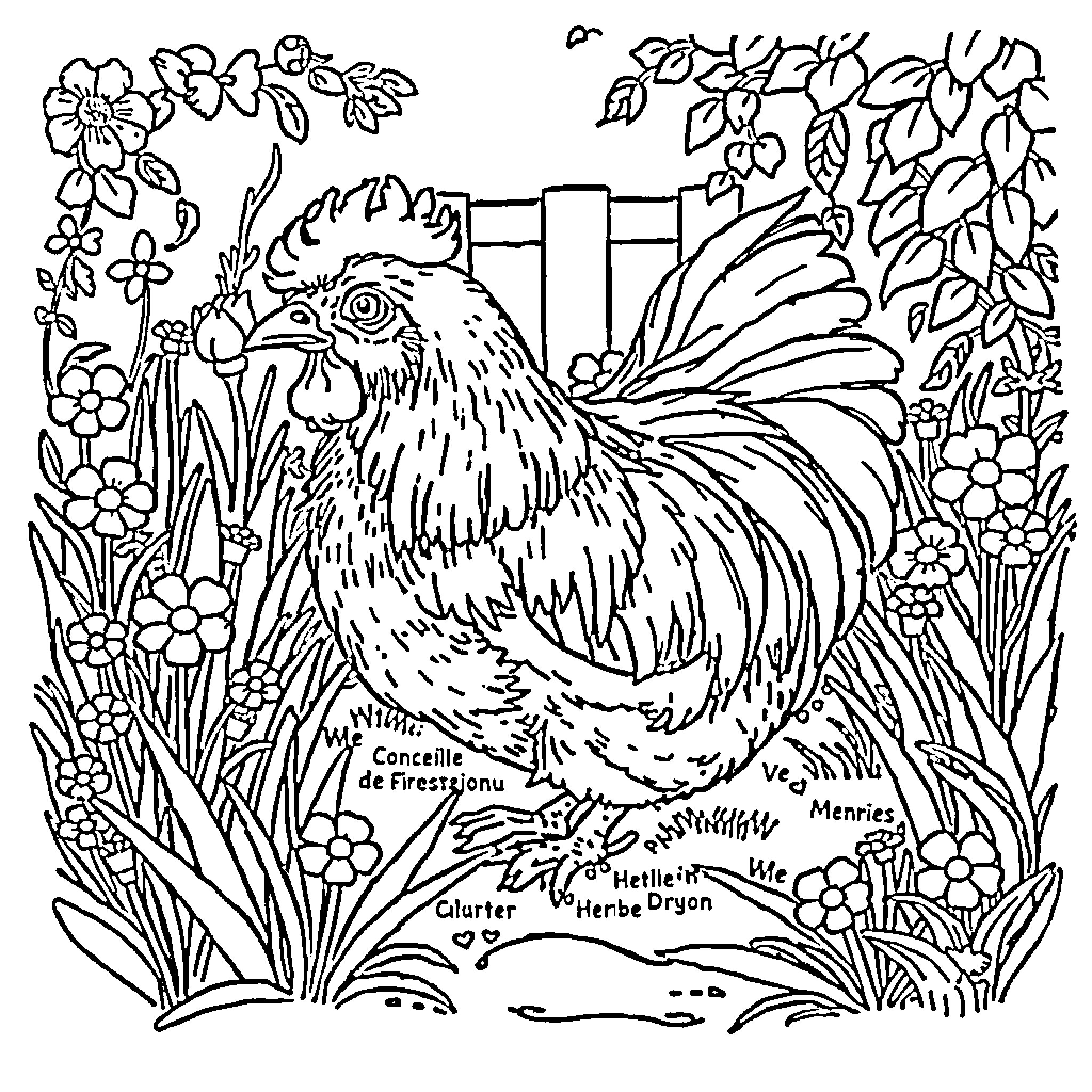 Guinea Pig in a Floral Garden Coloring Page (free black-and-white line drawing printable PDF for all, from beginners to advanced learners, including children, teens, adults, and seniors)