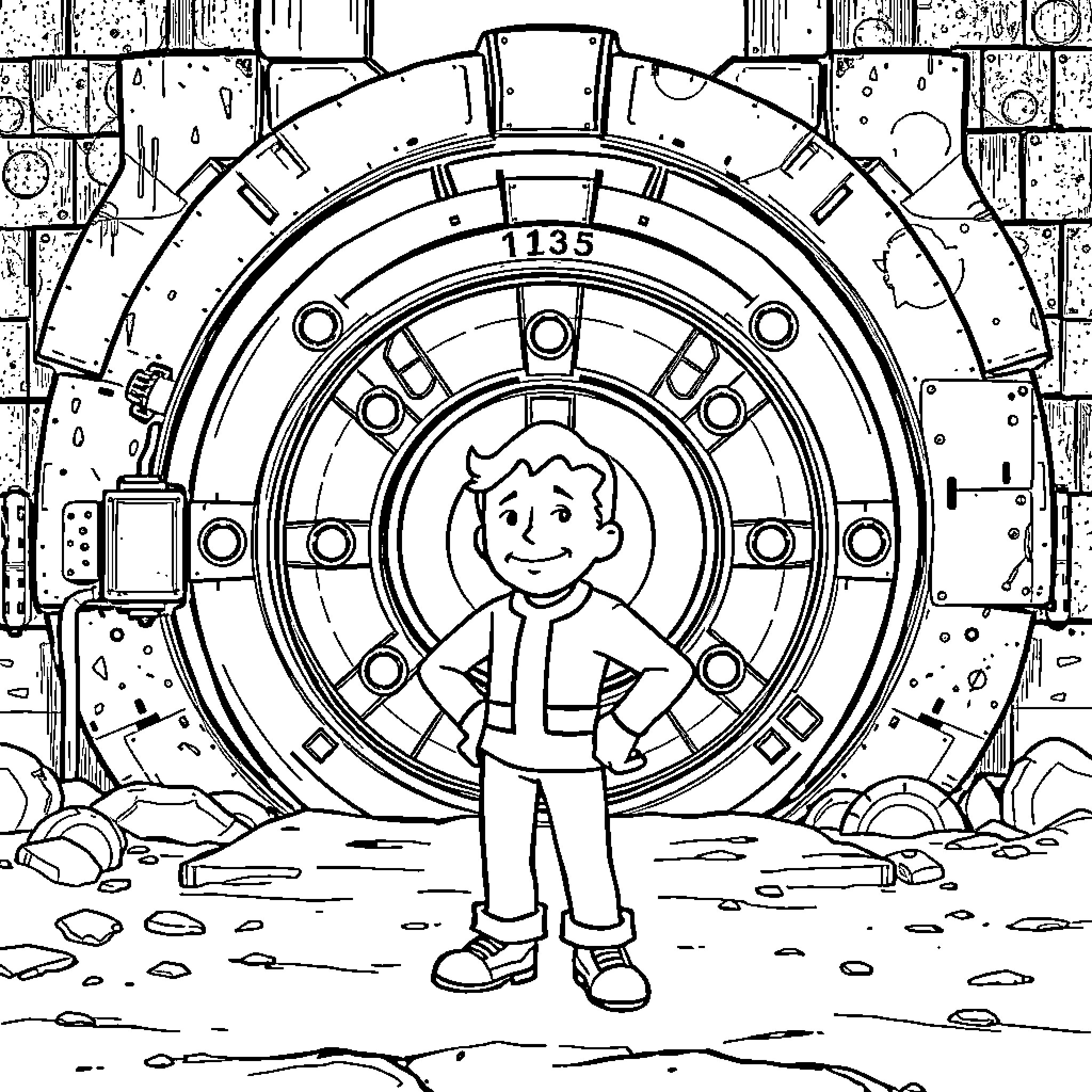 Fallout Boy exploring a futuristic technology vault Coloring Page (free black-and-white line drawing printable PDF for all, from beginners to advanced learners, including children, teens, adults, and seniors)