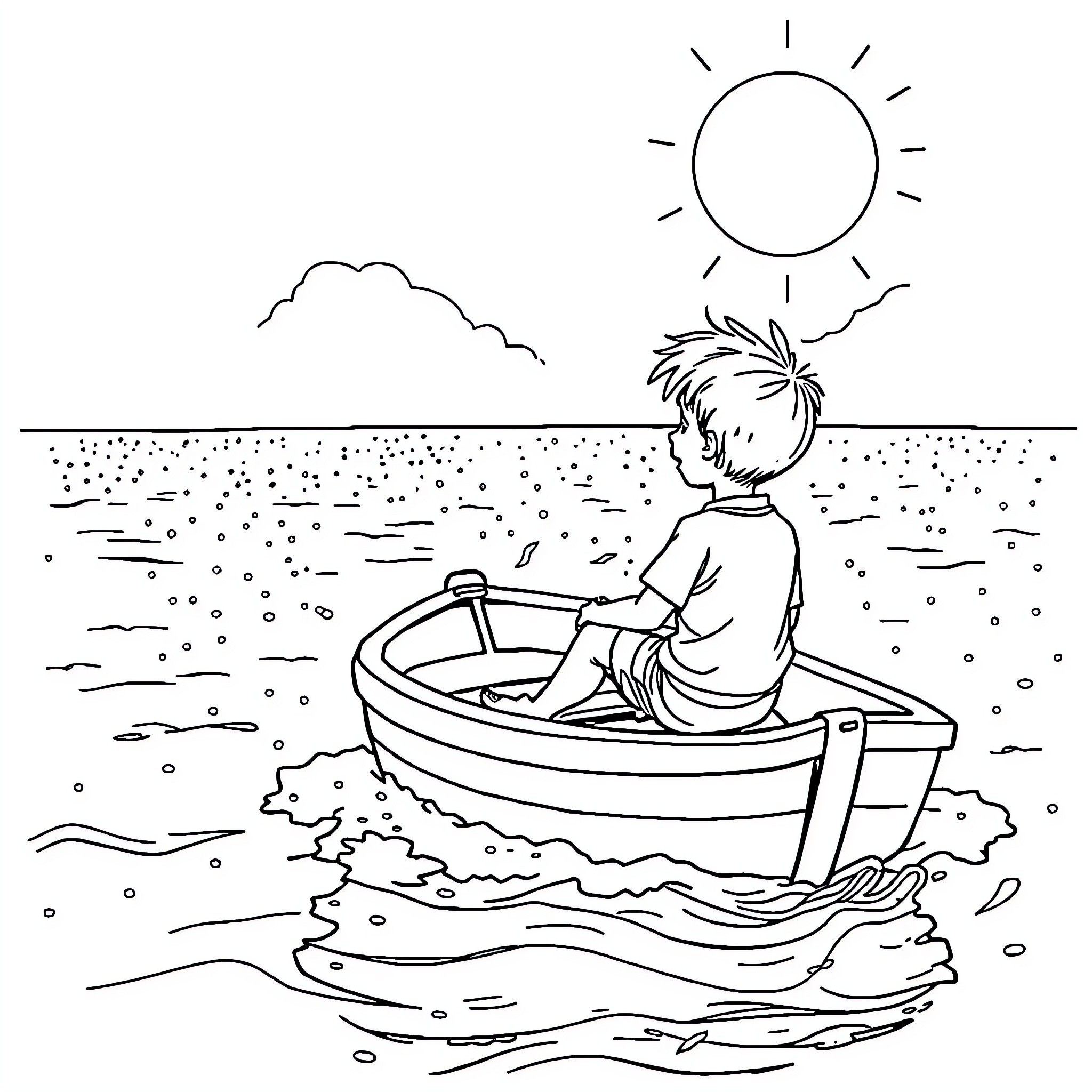 Boy relaxing alone in a small boat on the water Coloring Page (free black-and-white line drawing printable PDF for all, from beginners to advanced learners, including children, teens, adults, and seniors)