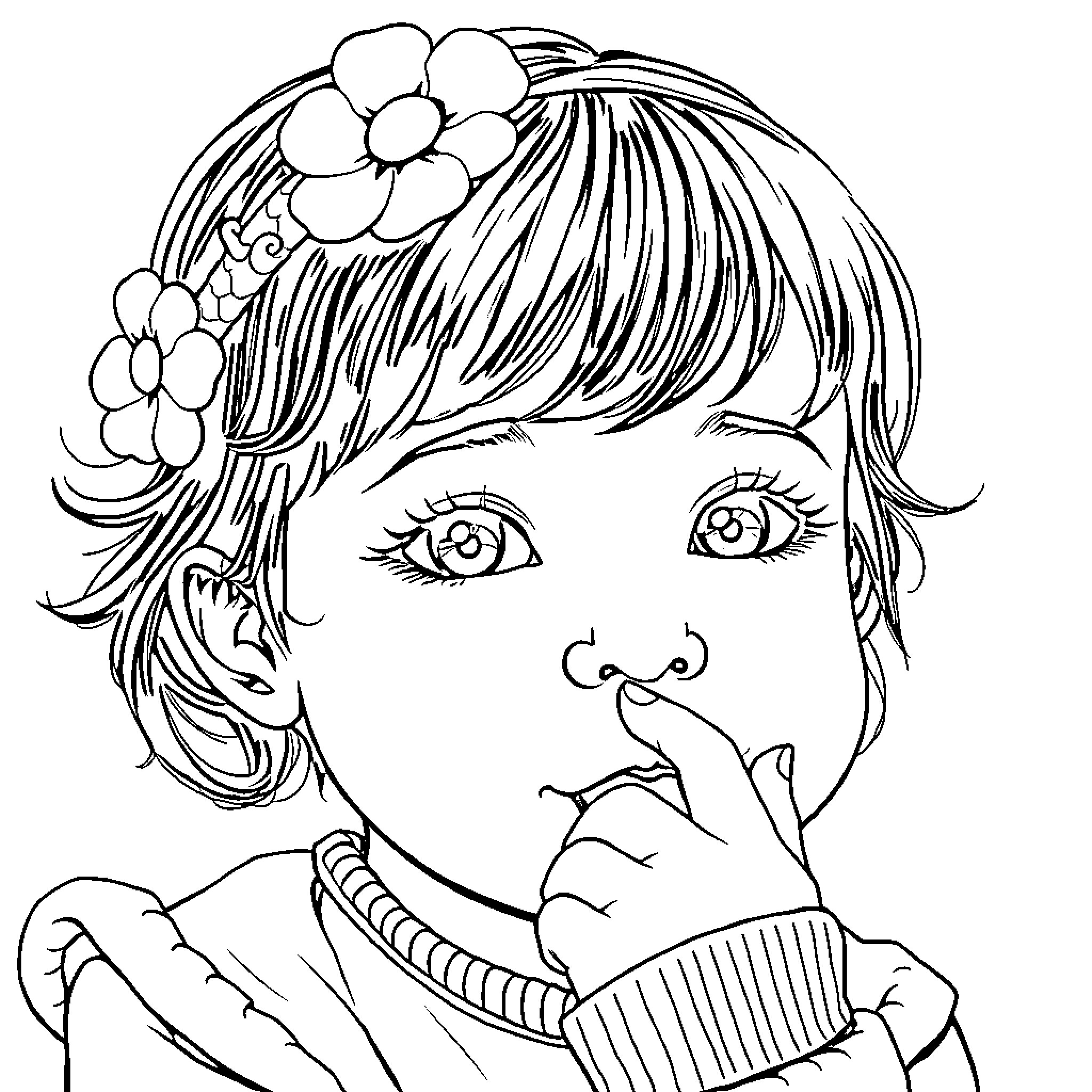 Girl with flower crown in contemplation Coloring Page (free black-and-white line drawing printable PDF for all, from beginners to advanced learners, including children, teens, adults, and seniors)