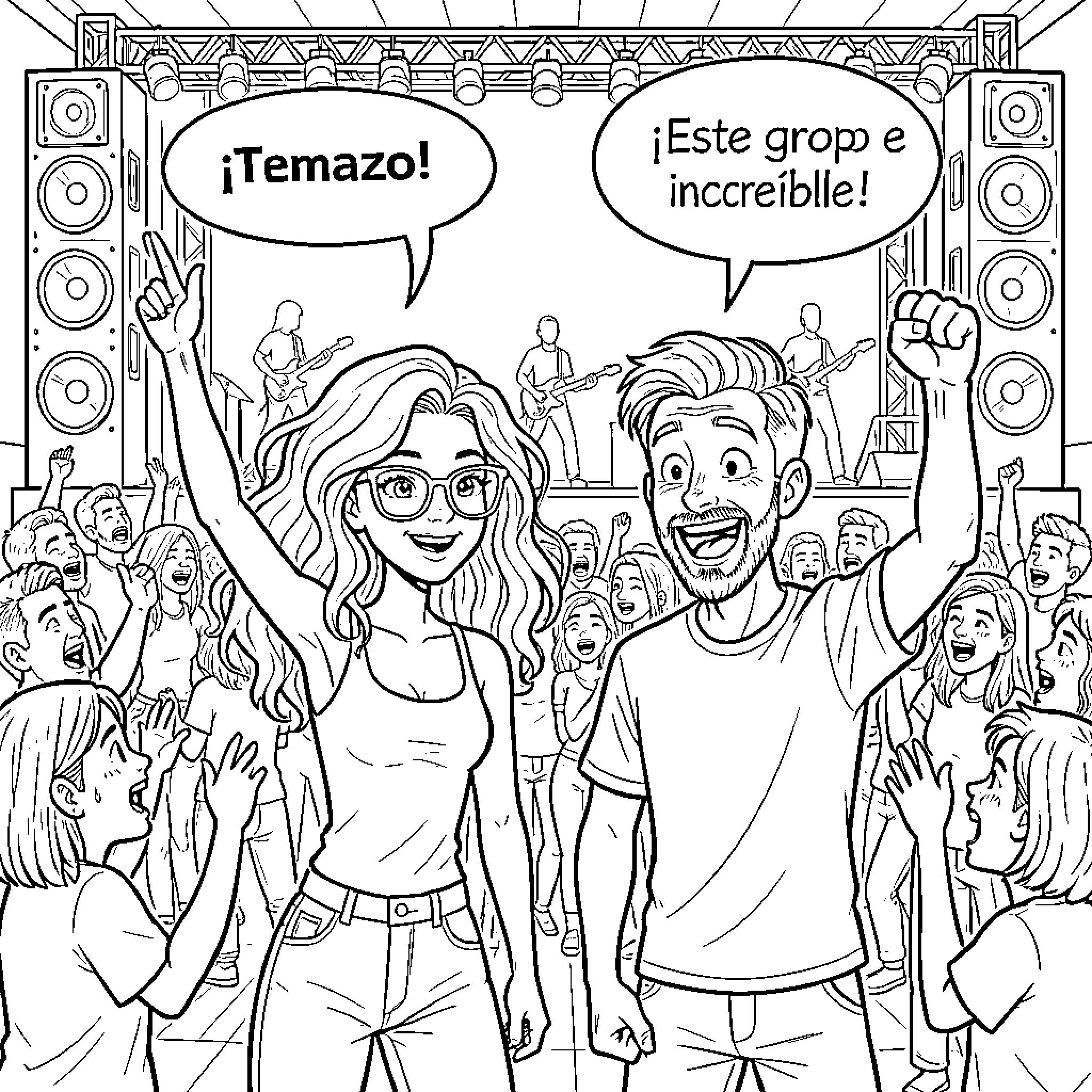 Friend celebrating together at an energetic concert Coloring Page (free black-and-white line drawing printable PDF for all, from beginners to advanced learners, including children, teens, adults, and seniors)