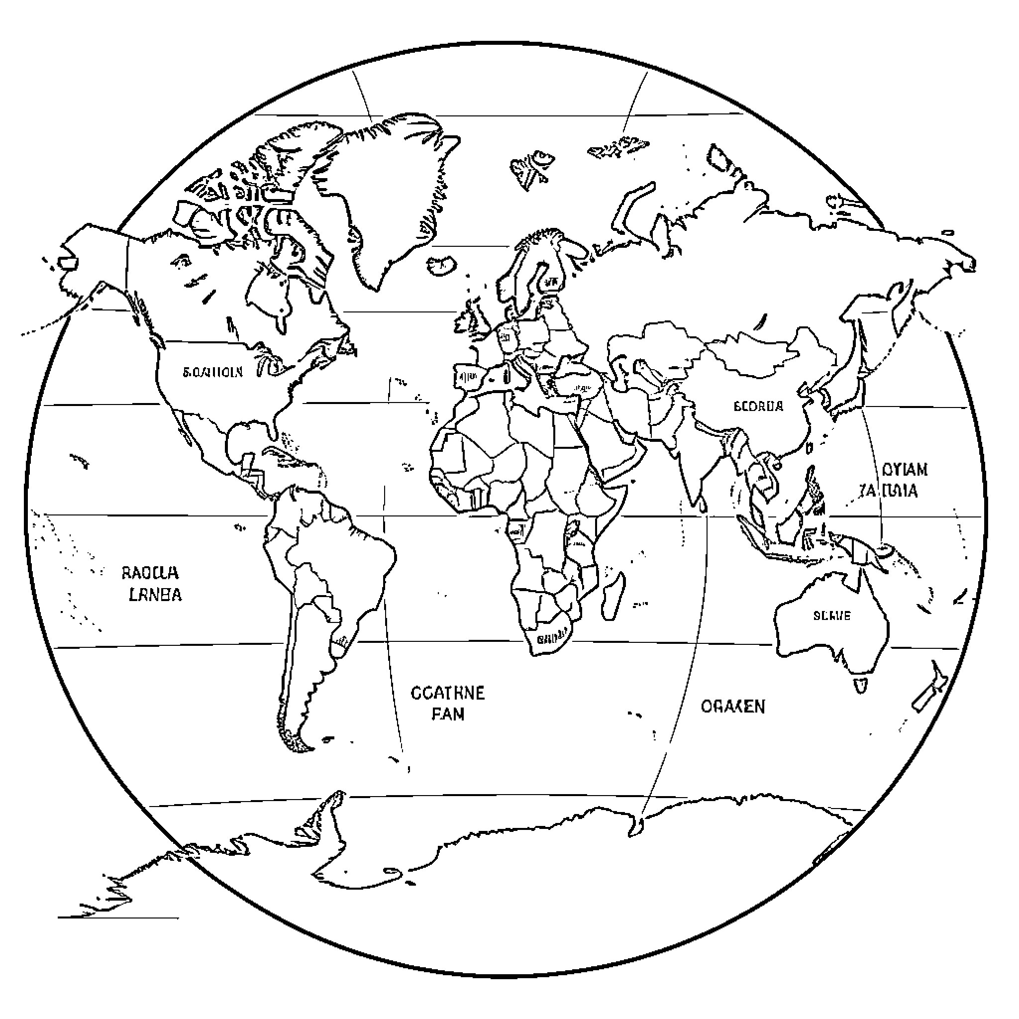 World Map showing various continents and landmasses Coloring Page (free black-and-white line drawing printable PDF for all, from beginners to advanced learners, including children, teens, adults, and seniors)