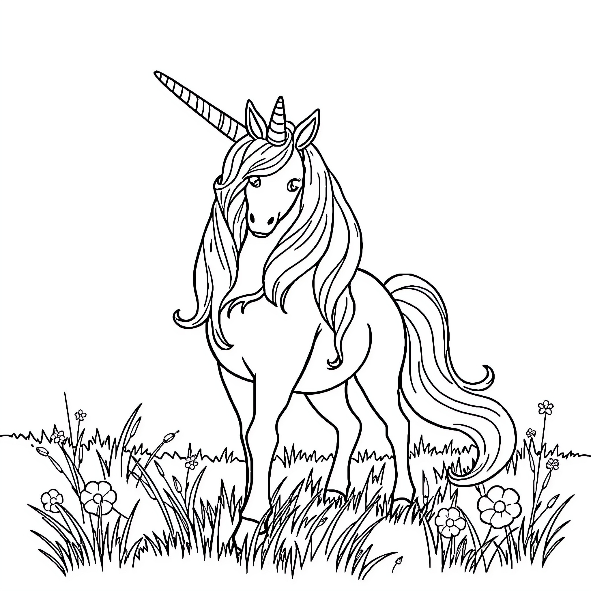 Unicorn standing in a lush meadow Coloring Page (free black-and-white line drawing printable PDF for all, from beginners to advanced learners, including children, teens, adults, and seniors)