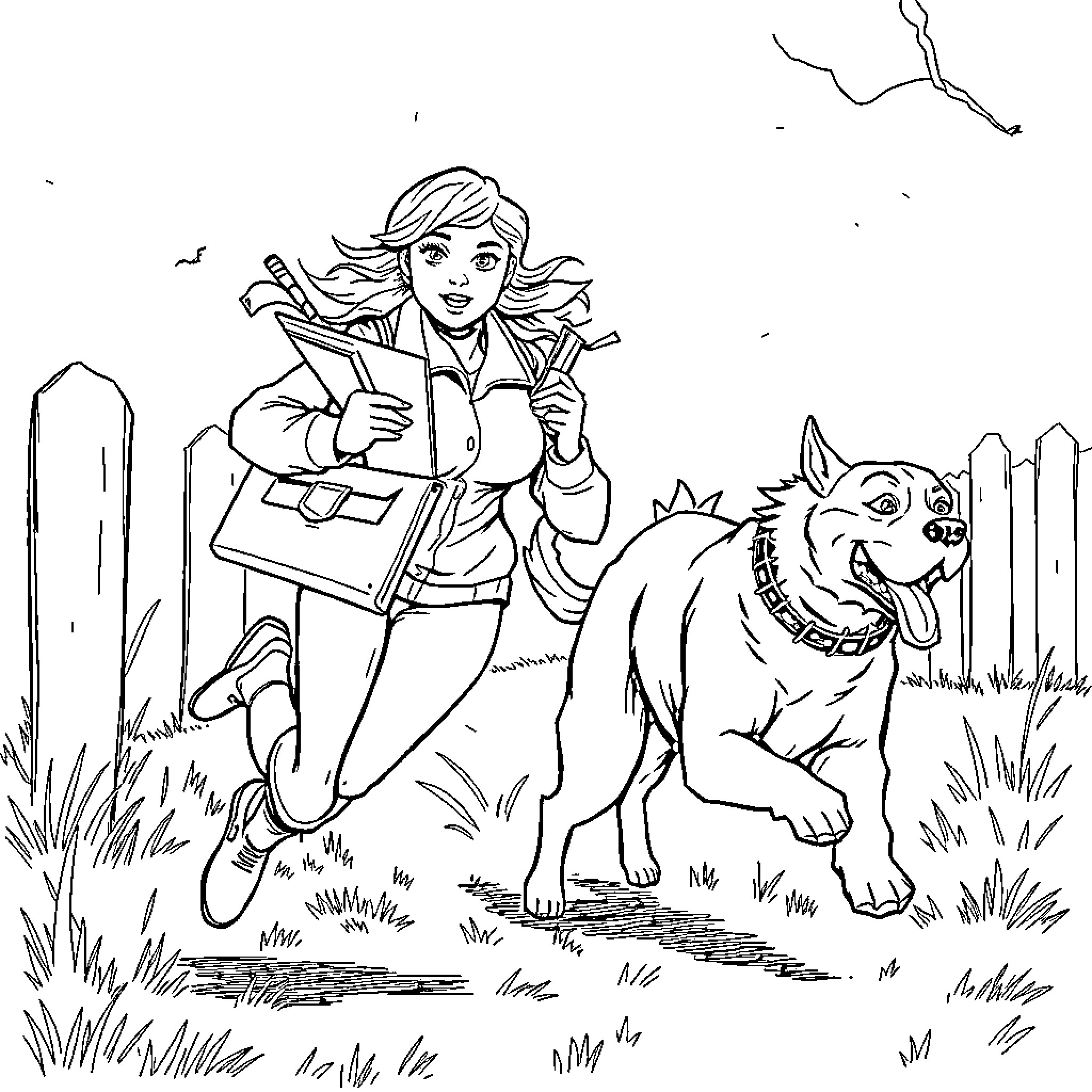 Letter Carrier Delivering Mail with Friendly Dog Coloring Page (free black-and-white line drawing printable PDF for all, from beginners to advanced learners, including children, teens, adults, and seniors)