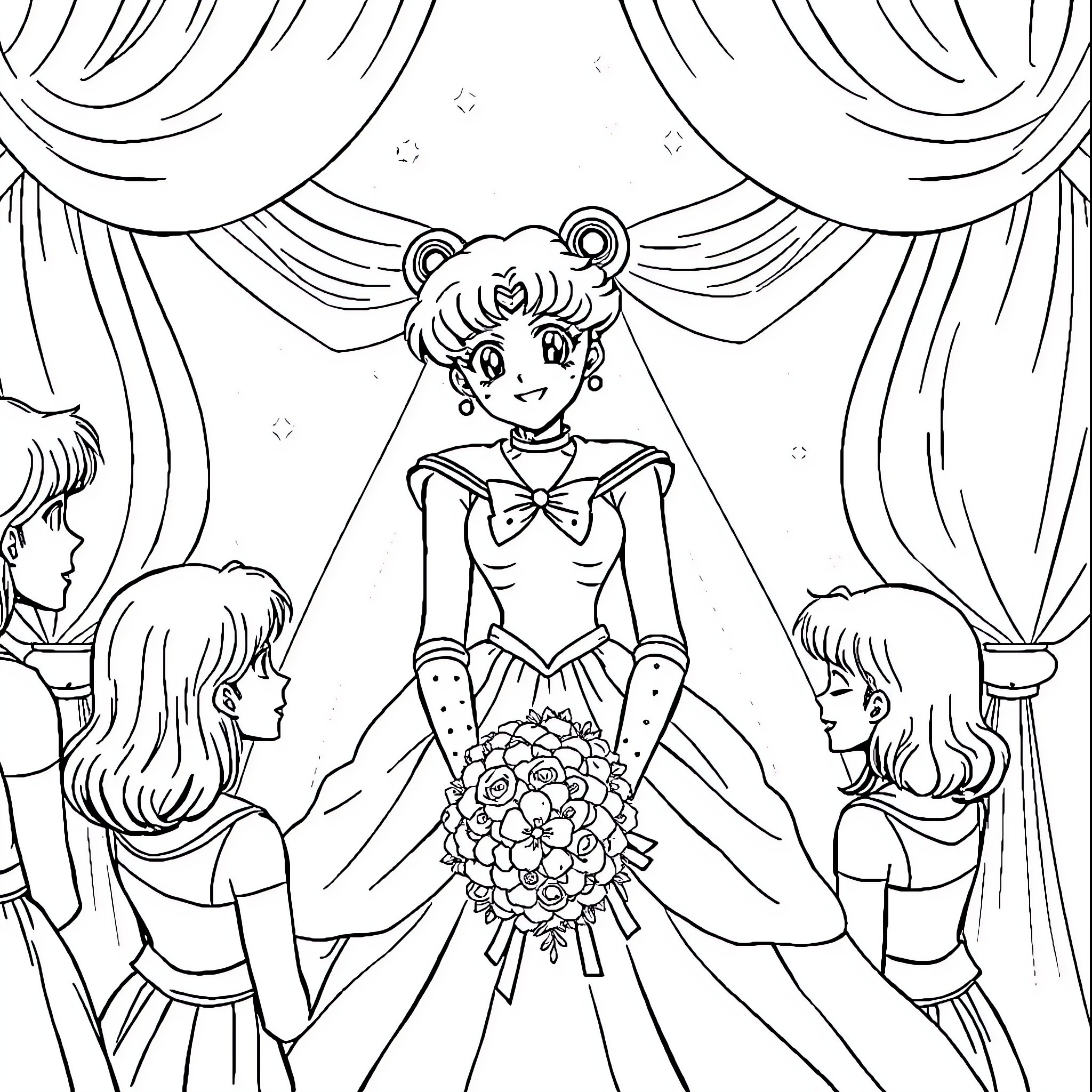 Sailor Moon performing on a stage with her friends Coloring Page (free black-and-white line drawing printable PDF for all, from beginners to advanced learners, including children, teens, adults, and seniors)