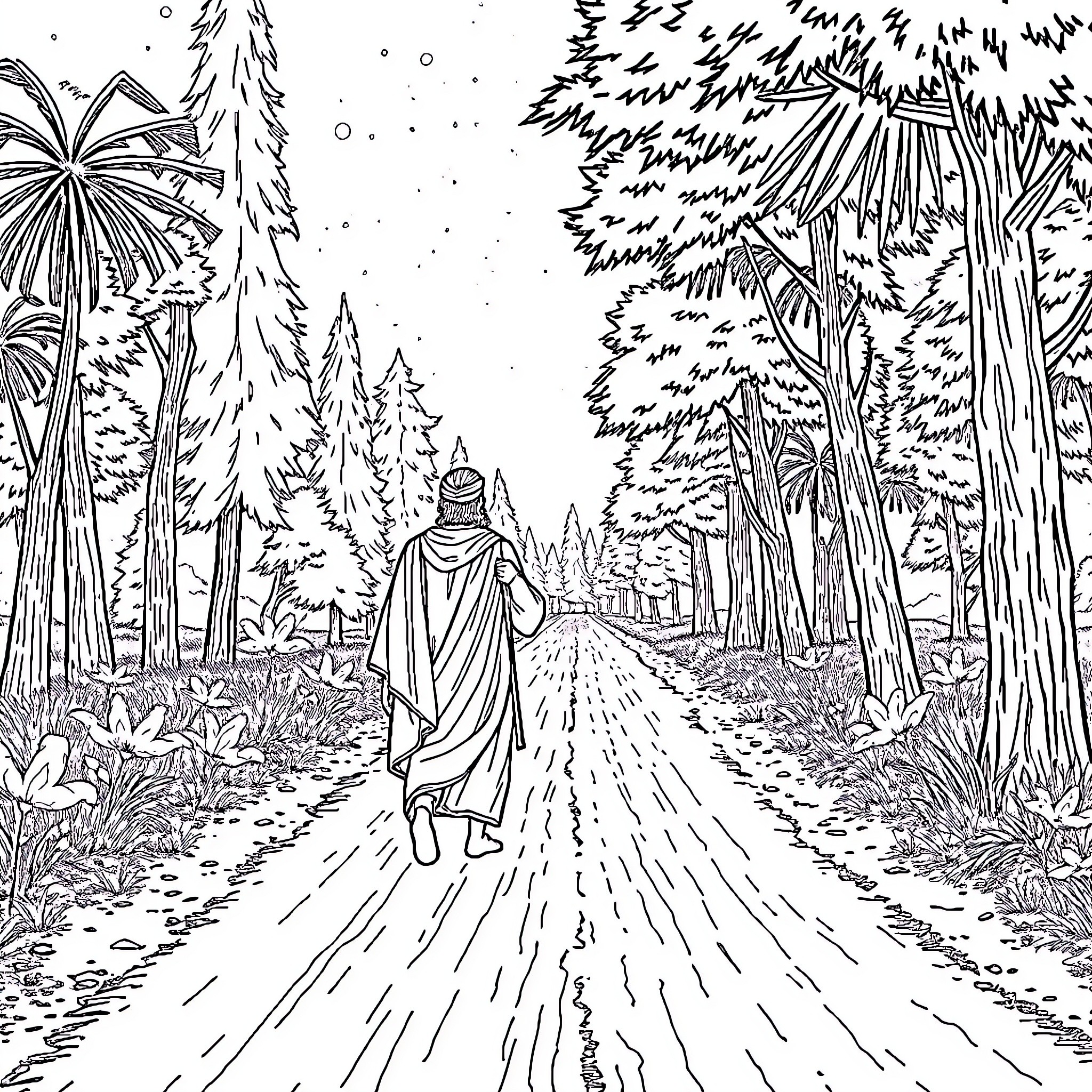 Saul walking through the enchanted forest Coloring Page (free black-and-white line drawing printable PDF for all, from beginners to advanced learners, including children, teens, adults, and seniors)