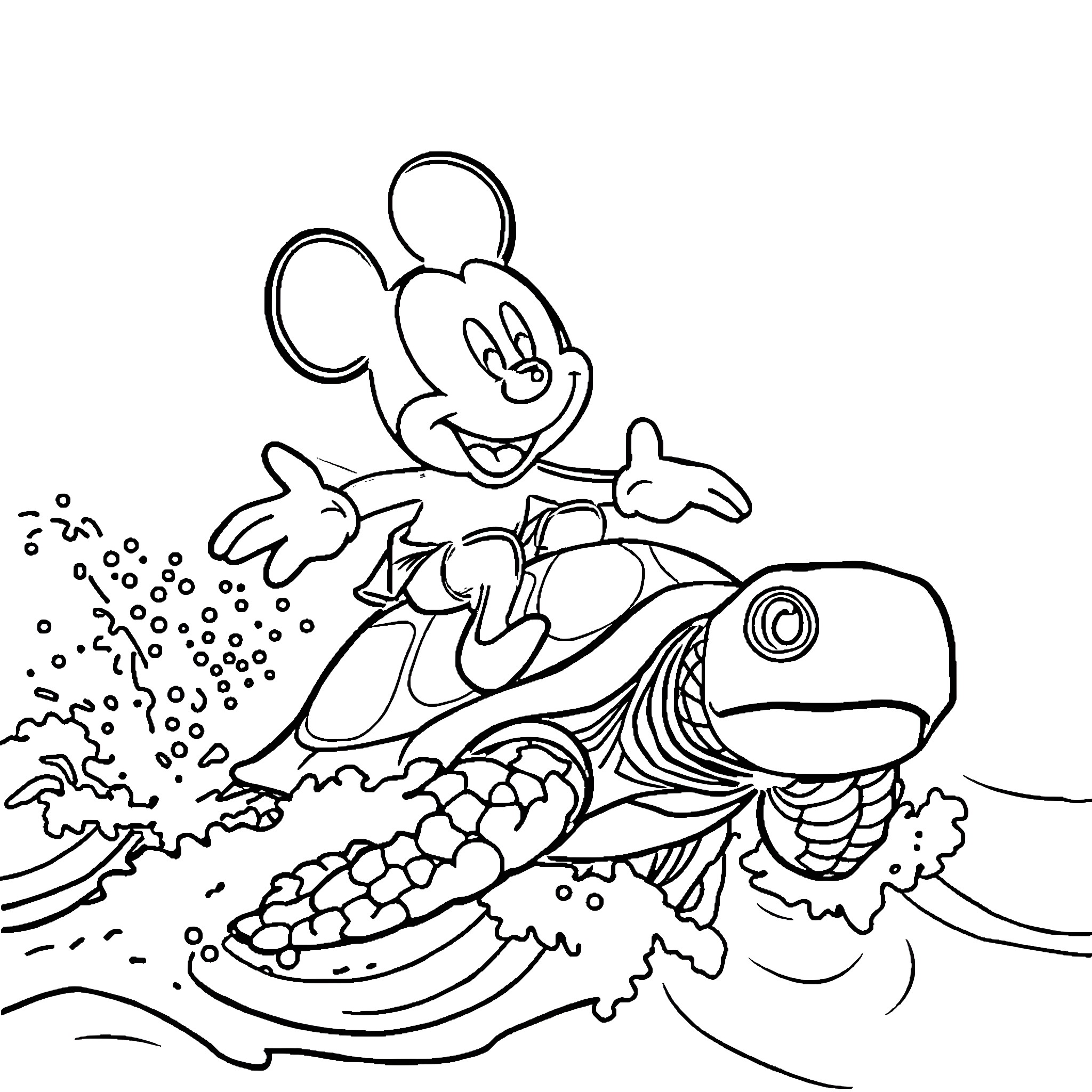 Mickey Mouse riding a large fish in the ocean Coloring Page (free black-and-white line drawing printable PDF for all, from beginners to advanced learners, including children, teens, adults, and seniors)