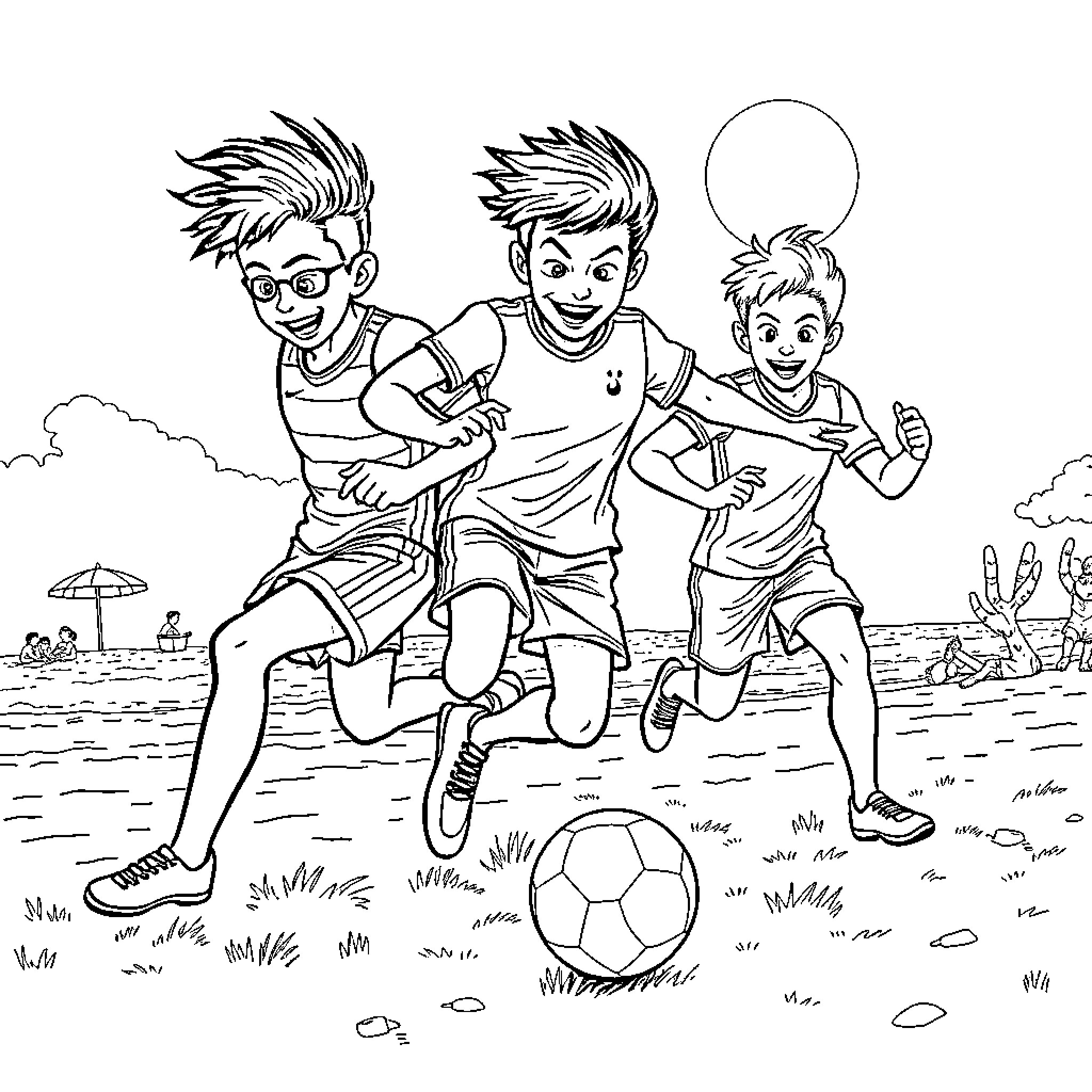 Super Campeones playing football joyfully on the beach Coloring Page (free black-and-white line drawing printable PDF for all, from beginners to advanced learners, including children, teens, adults, and seniors)
