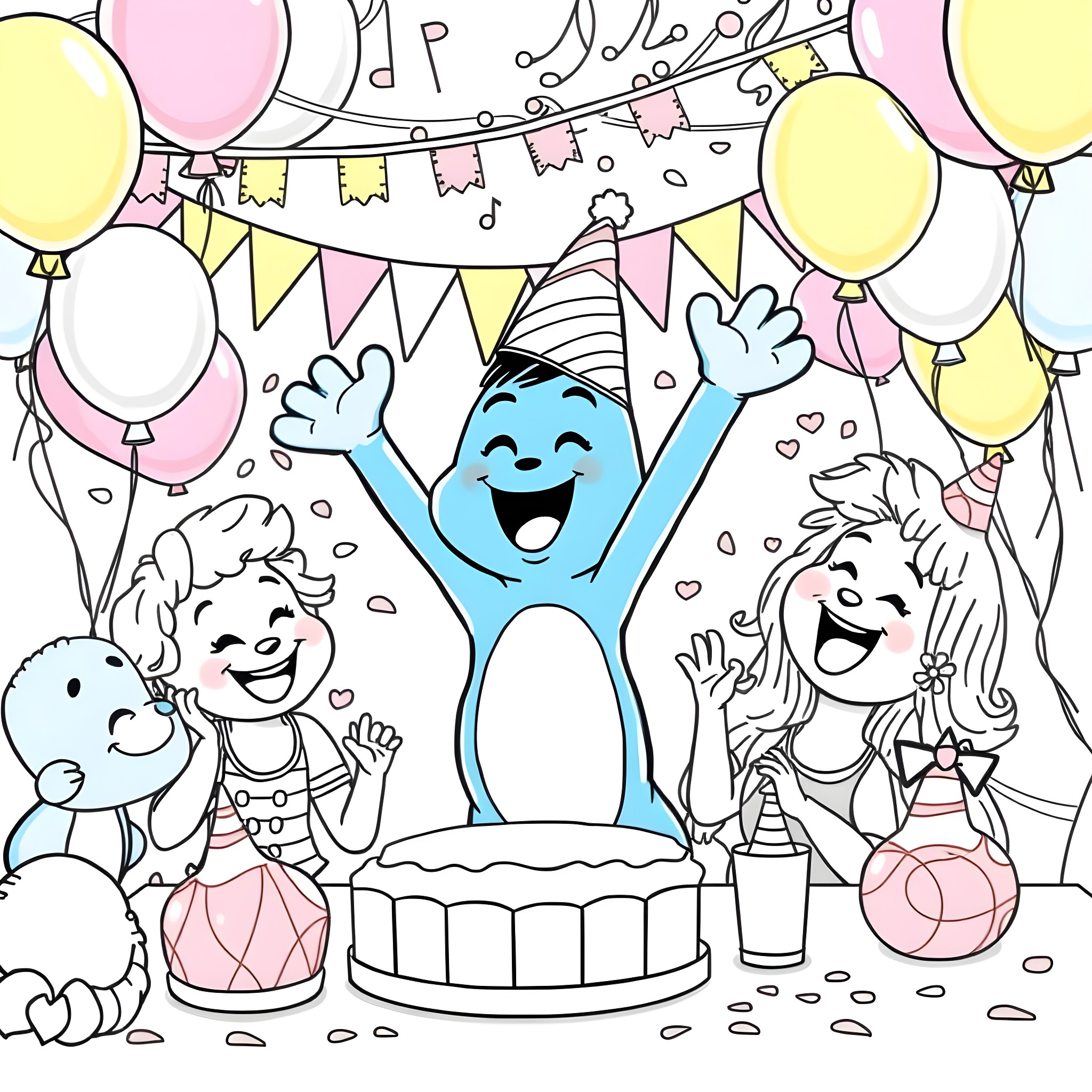 Bluey's Joyful Birthday Celebration Coloring Page (free black-and-white line drawing printable PDF for all, from beginners to advanced learners, including children, teens, adults, and seniors)