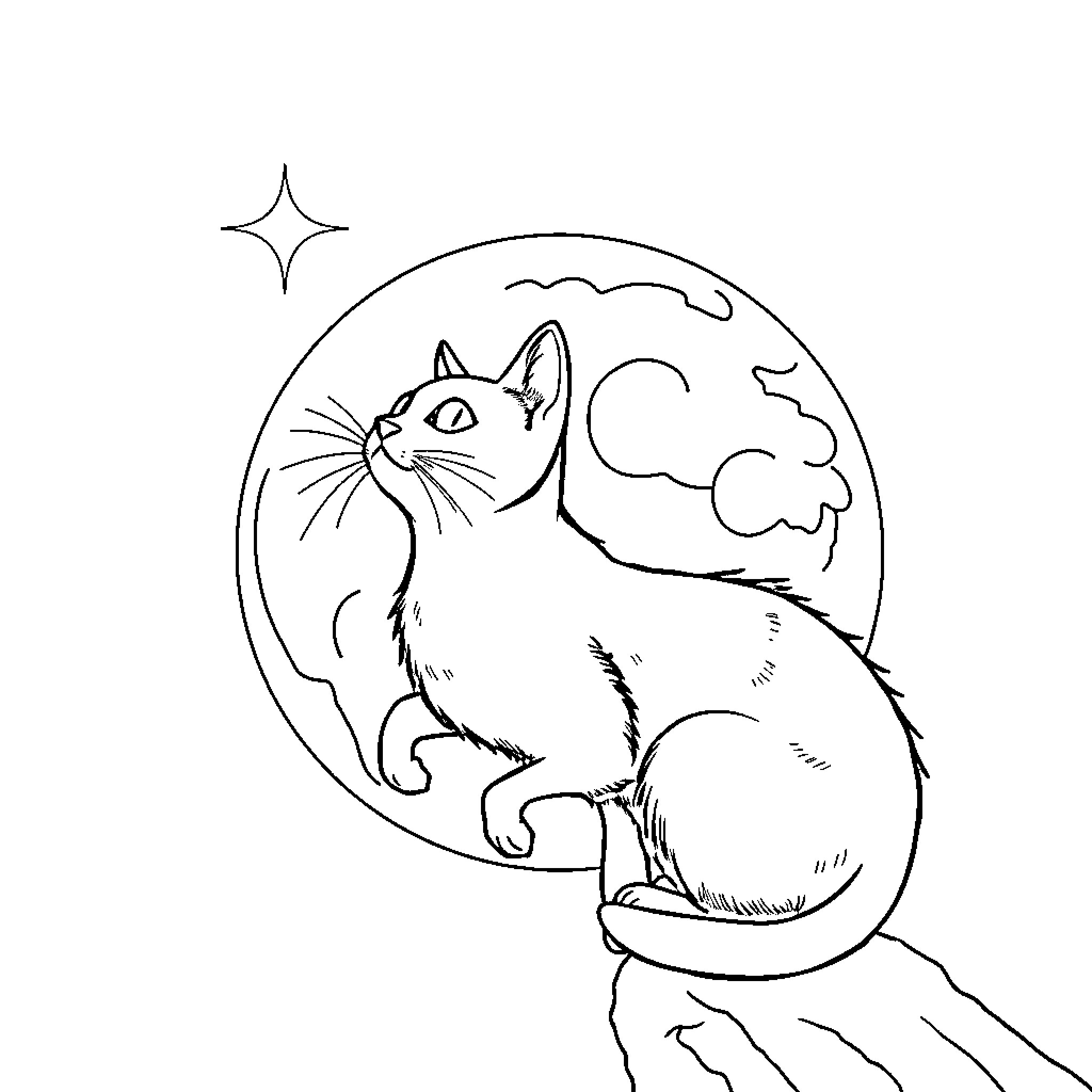 Cat gazing at the moon in the night sky Coloring Page (free black-and-white line drawing printable PDF for all, from beginners to advanced learners, including children, teens, adults, and seniors)