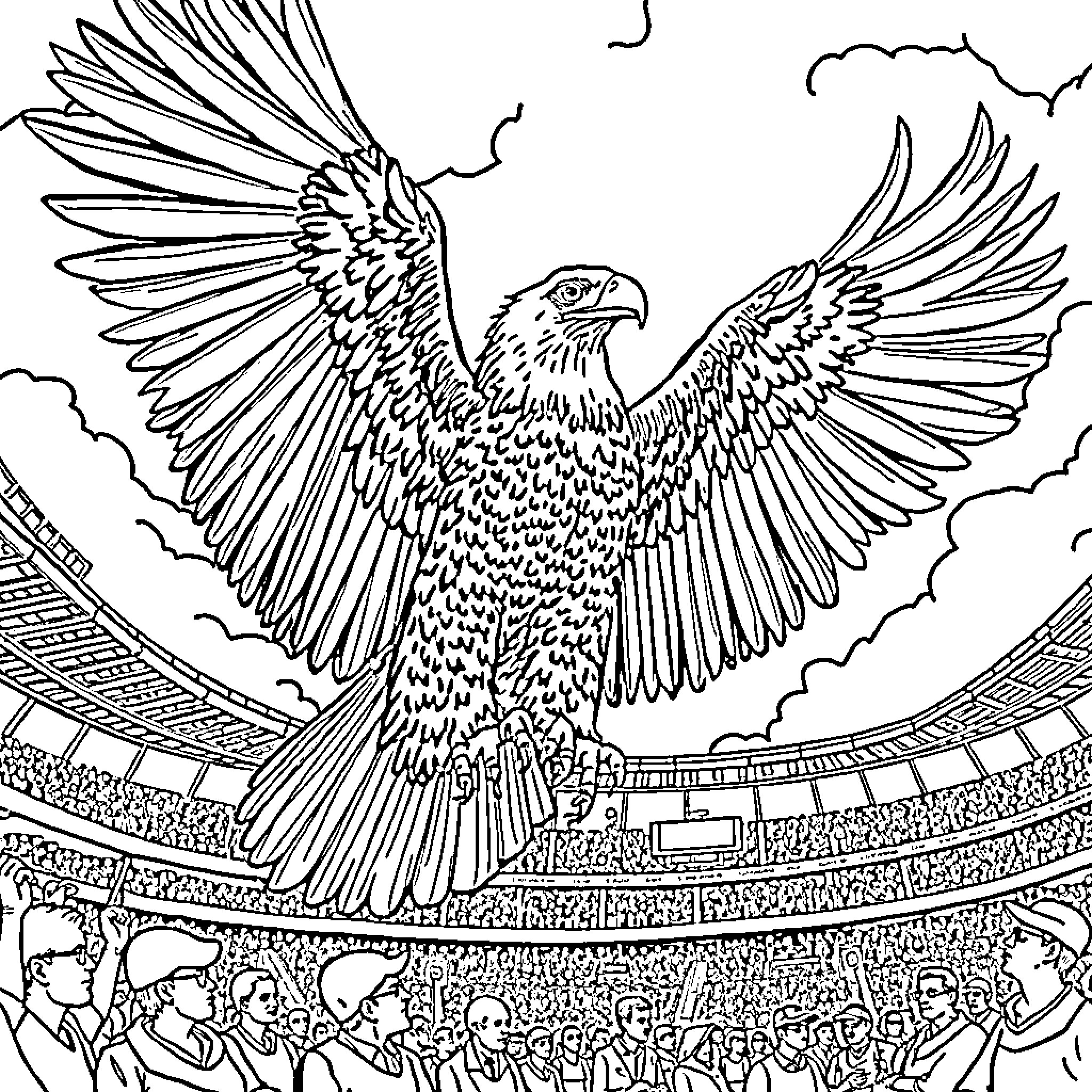 Eagle soaring over a cheering crowd Coloring Page (free black-and-white line drawing printable PDF for all, from beginners to advanced learners, including children, teens, adults, and seniors)