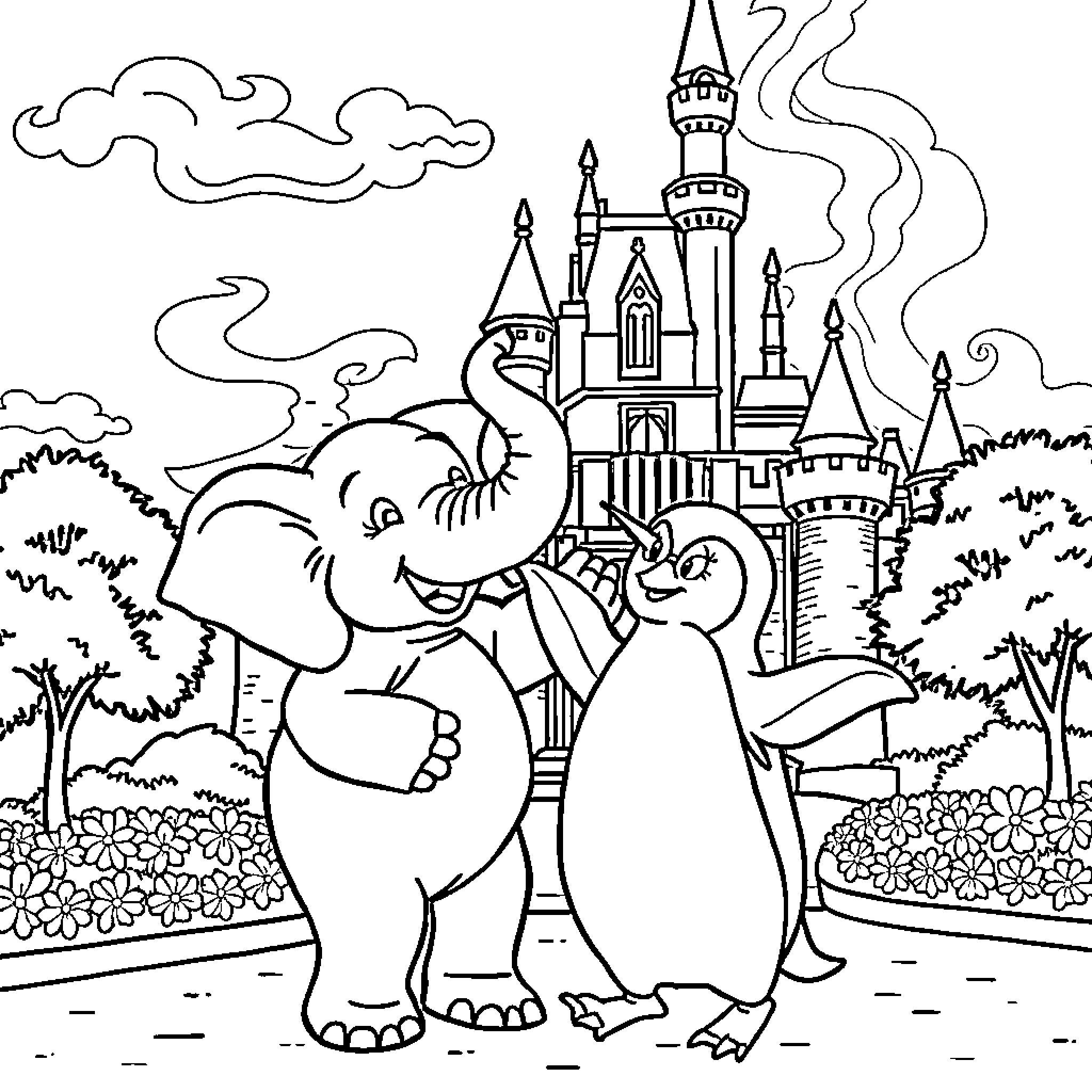 Elephant enjoying a day at the magical castle Coloring Page (free black-and-white line drawing printable PDF for all, from beginners to advanced learners, including children, teens, adults, and seniors)