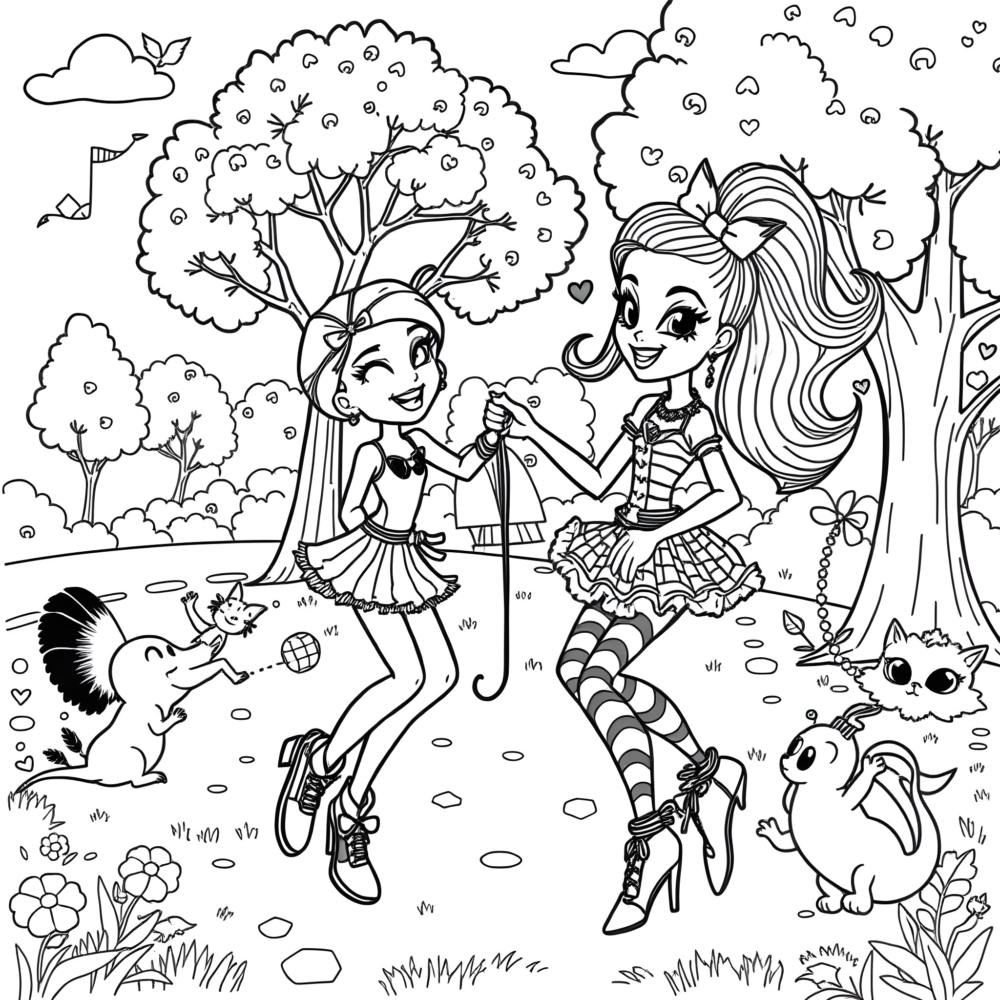 Mel and Friends Enjoying a Playful Day Outdoors Coloring Page (free black-and-white line drawing printable PDF for all, from beginners to advanced learners, including children, teens, adults, and seniors)