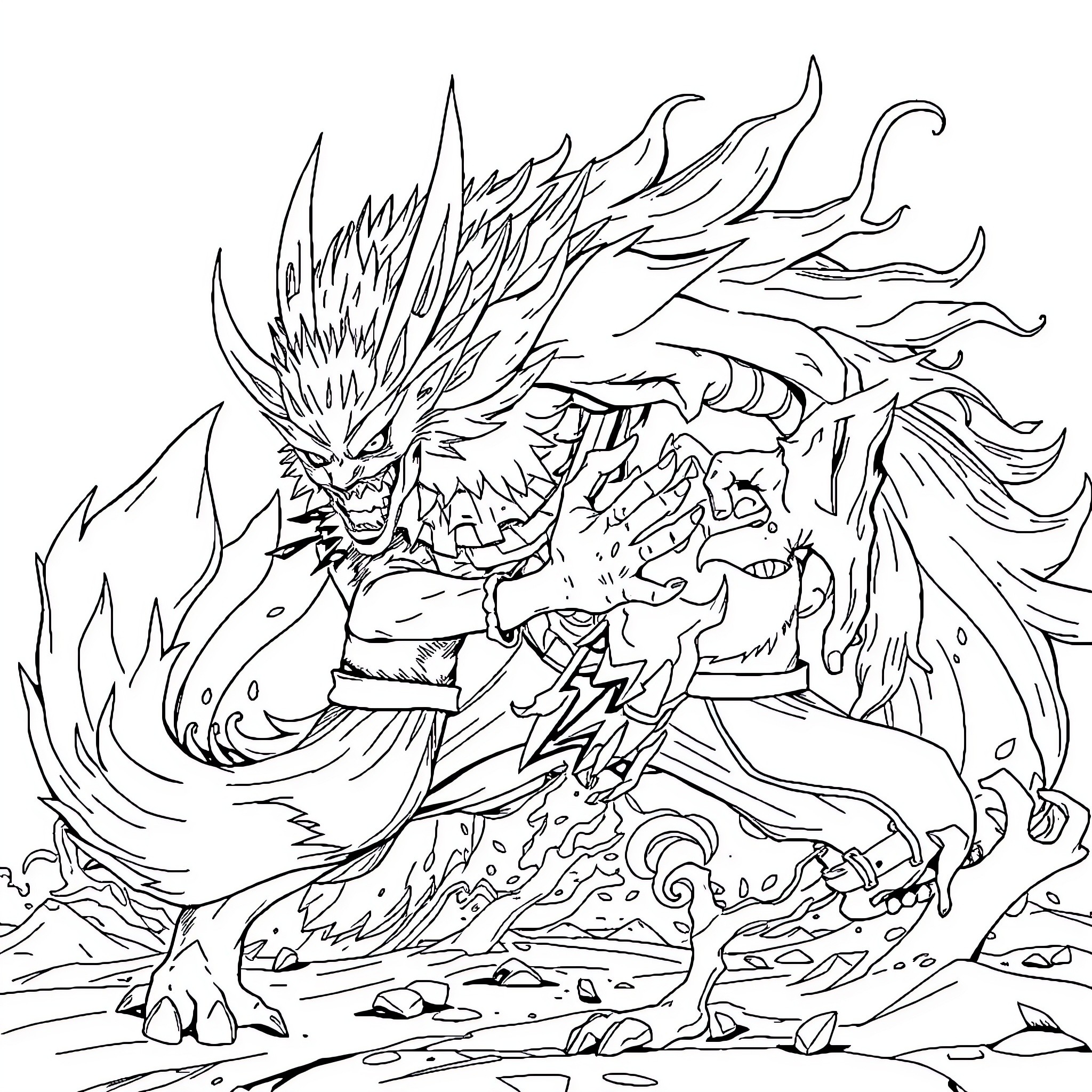 Naruto character in a fierce, fiery battle stance Coloring Page (free black-and-white line drawing printable PDF for all, from beginners to advanced learners, including children, teens, adults, and seniors)