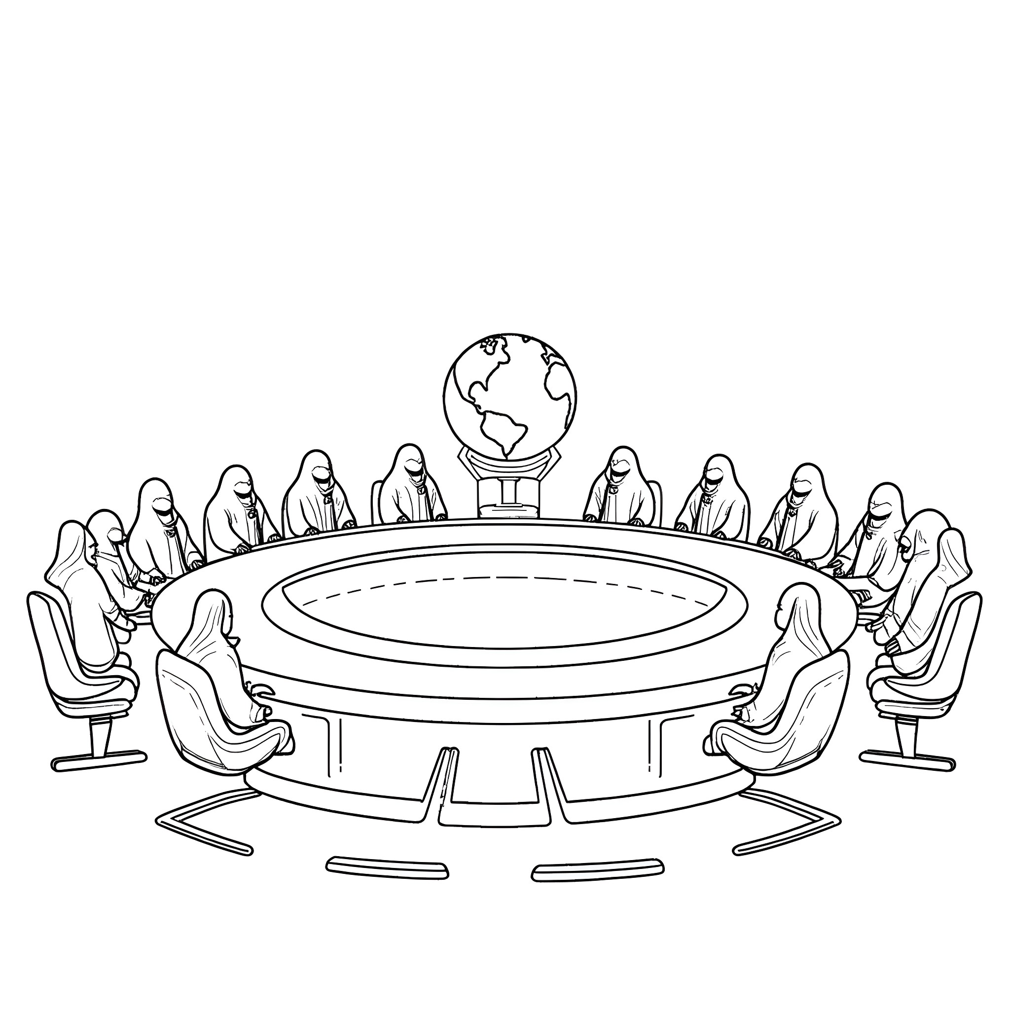 Boardroom Meeting with Global Representatives Coloring Page (free black-and-white line drawing printable PDF for all, from beginners to advanced learners, including children, teens, adults, and seniors)