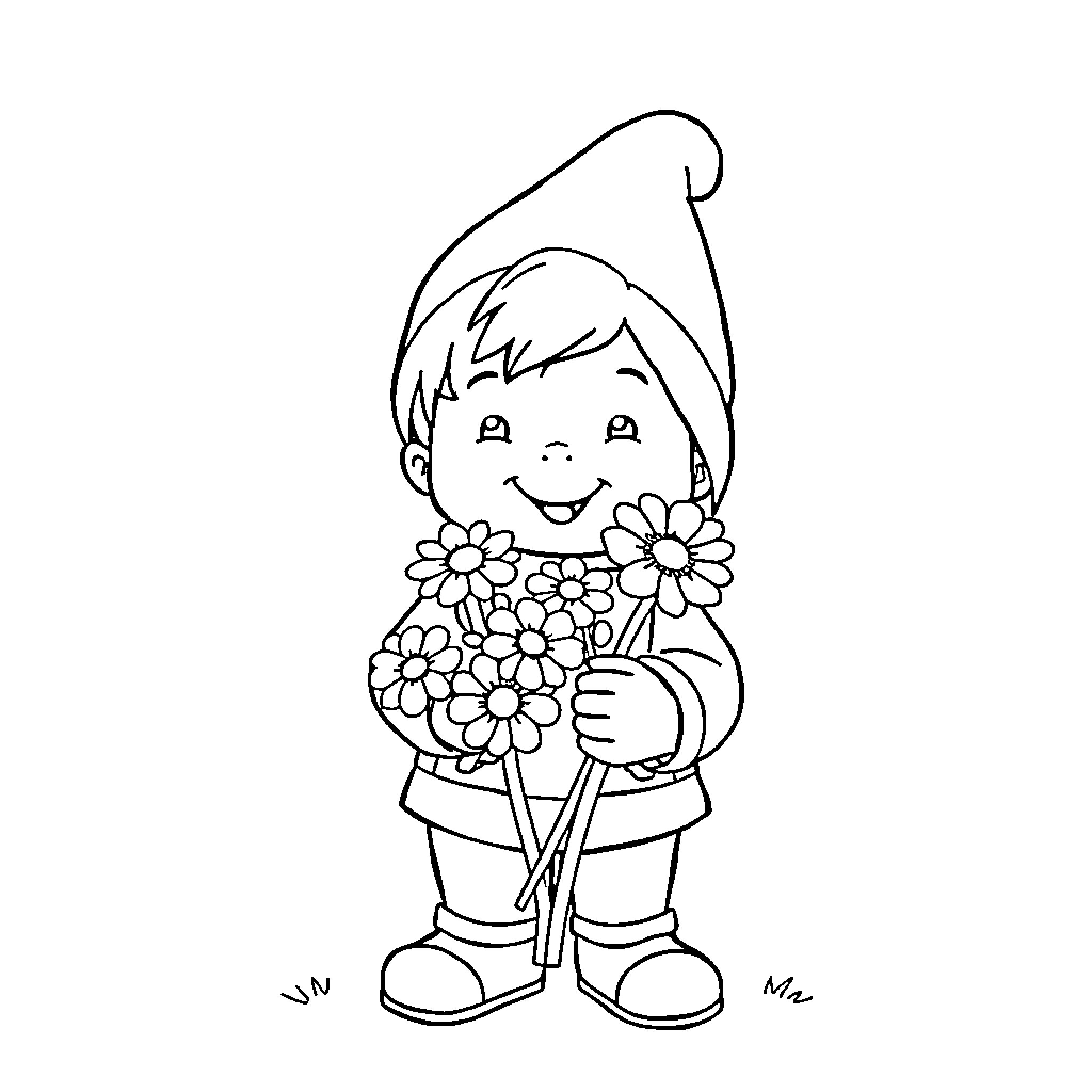 Noddy holding a bouquet of flowers Coloring Page (free black-and-white line drawing printable PDF for all, from beginners to advanced learners, including children, teens, adults, and seniors)