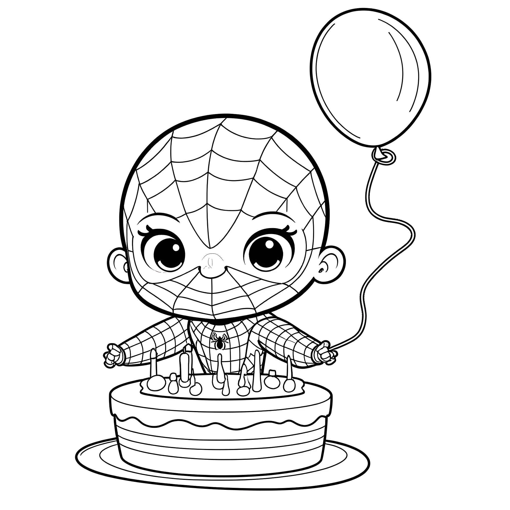 Spiderman celebrating with birthday cake and balloon Coloring Page (free black-and-white line drawing printable PDF for all, from beginners to advanced learners, including children, teens, adults, and seniors)