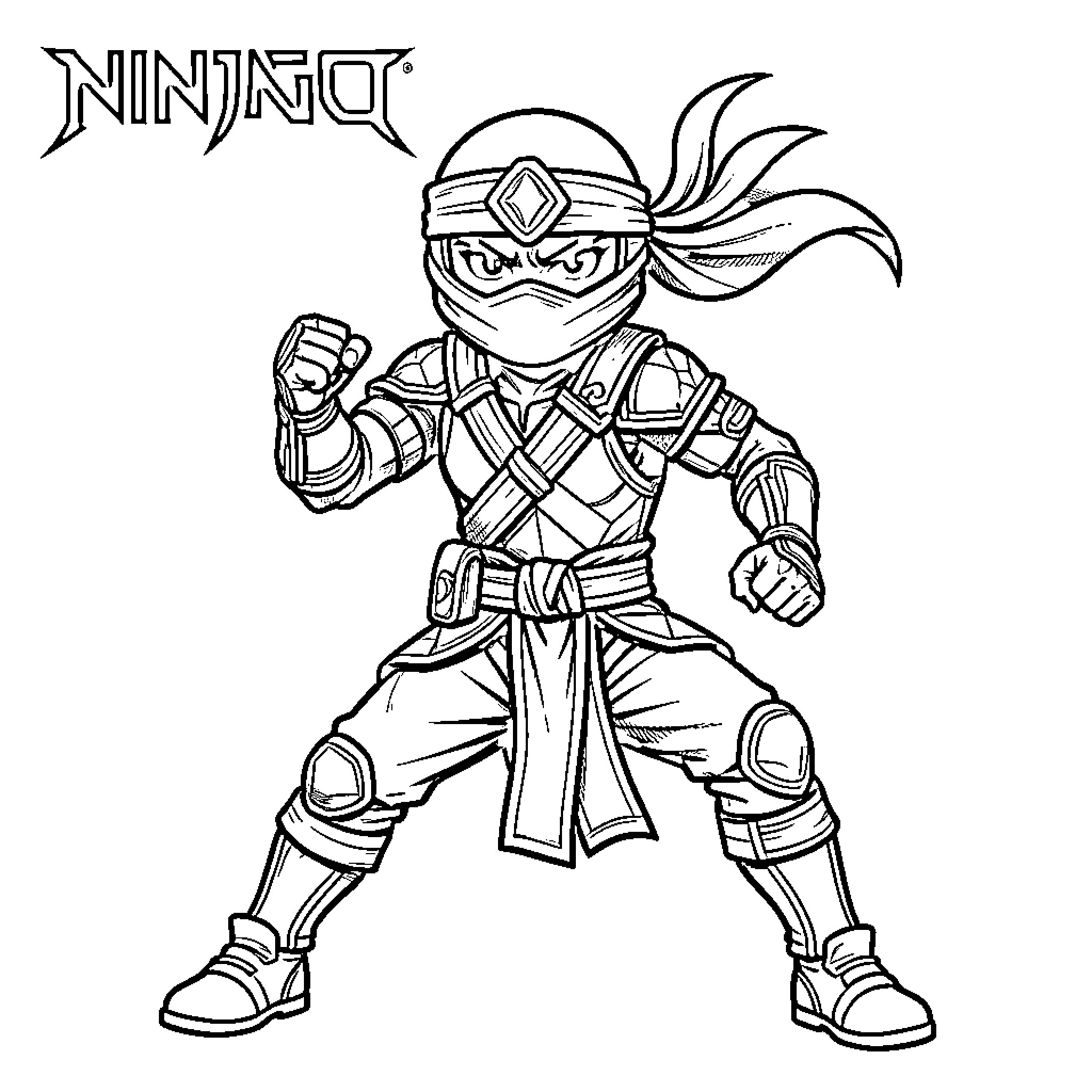 Ninjago Kai striking a powerful combat pose Coloring Page (free black-and-white line drawing printable PDF for all, from beginners to advanced learners, including children, teens, adults, and seniors)