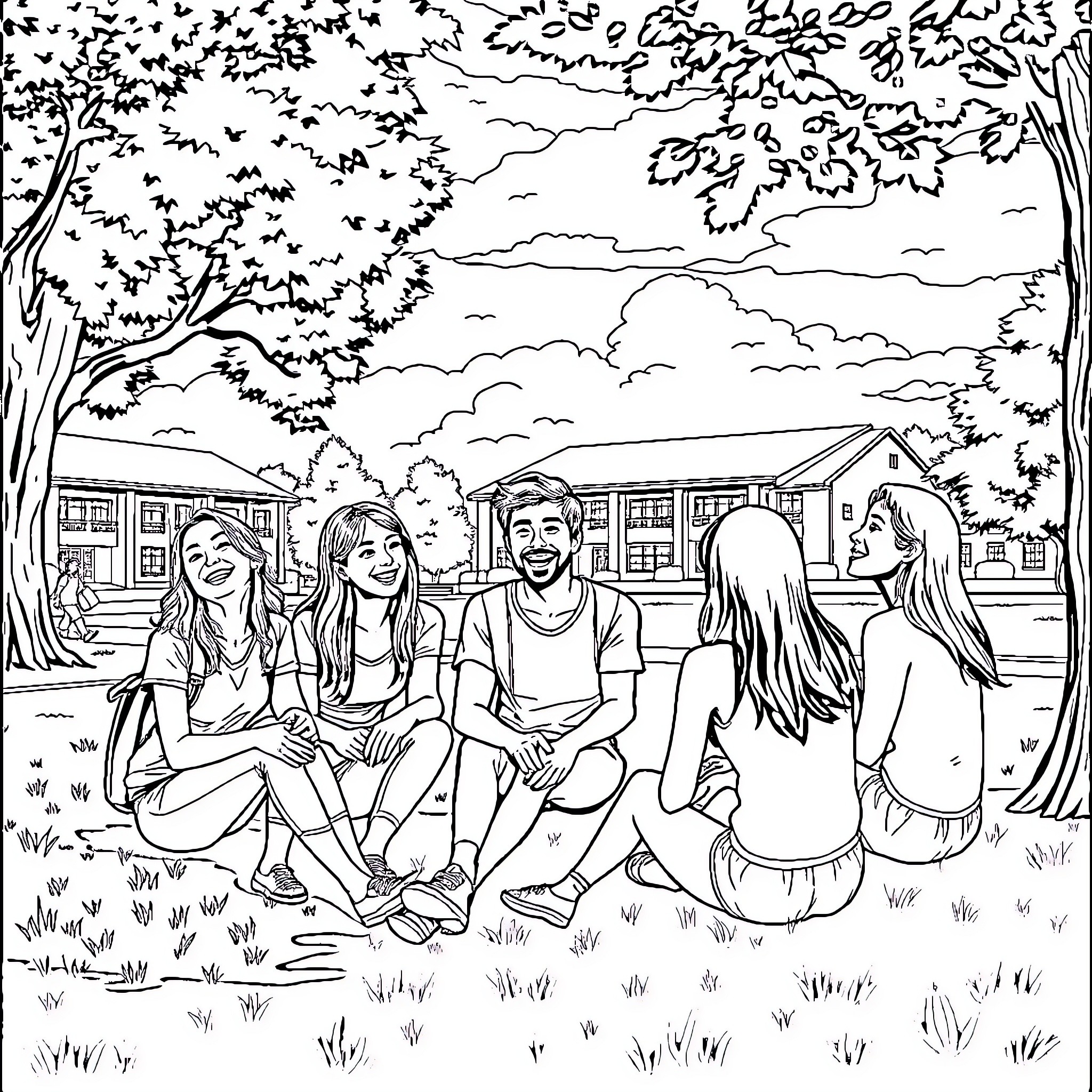 Friend's Outdoor Gathering on a Sunny Day Coloring Page (free black-and-white line drawing printable PDF for all, from beginners to advanced learners, including children, teens, adults, and seniors)