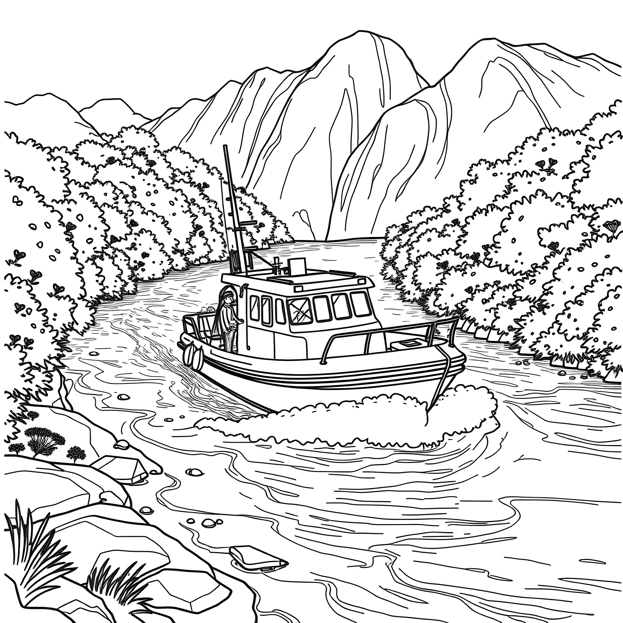 Boat sailing through scenic mountain landscape Coloring Page (free black-and-white line drawing printable PDF for all, from beginners to advanced learners, including children, teens, adults, and seniors)