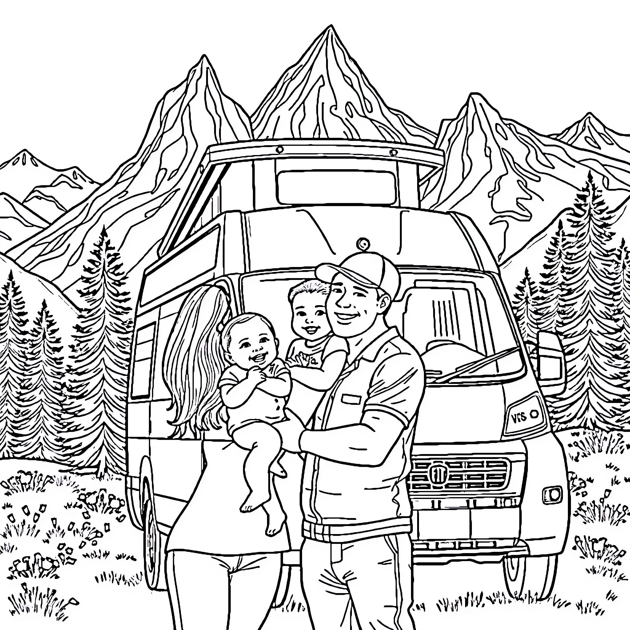 Family Enjoying Outdoor Adventure in Scenic Mountains Coloring Page (free black-and-white line drawing printable PDF for all, from beginners to advanced learners, including children, teens, adults, and seniors)