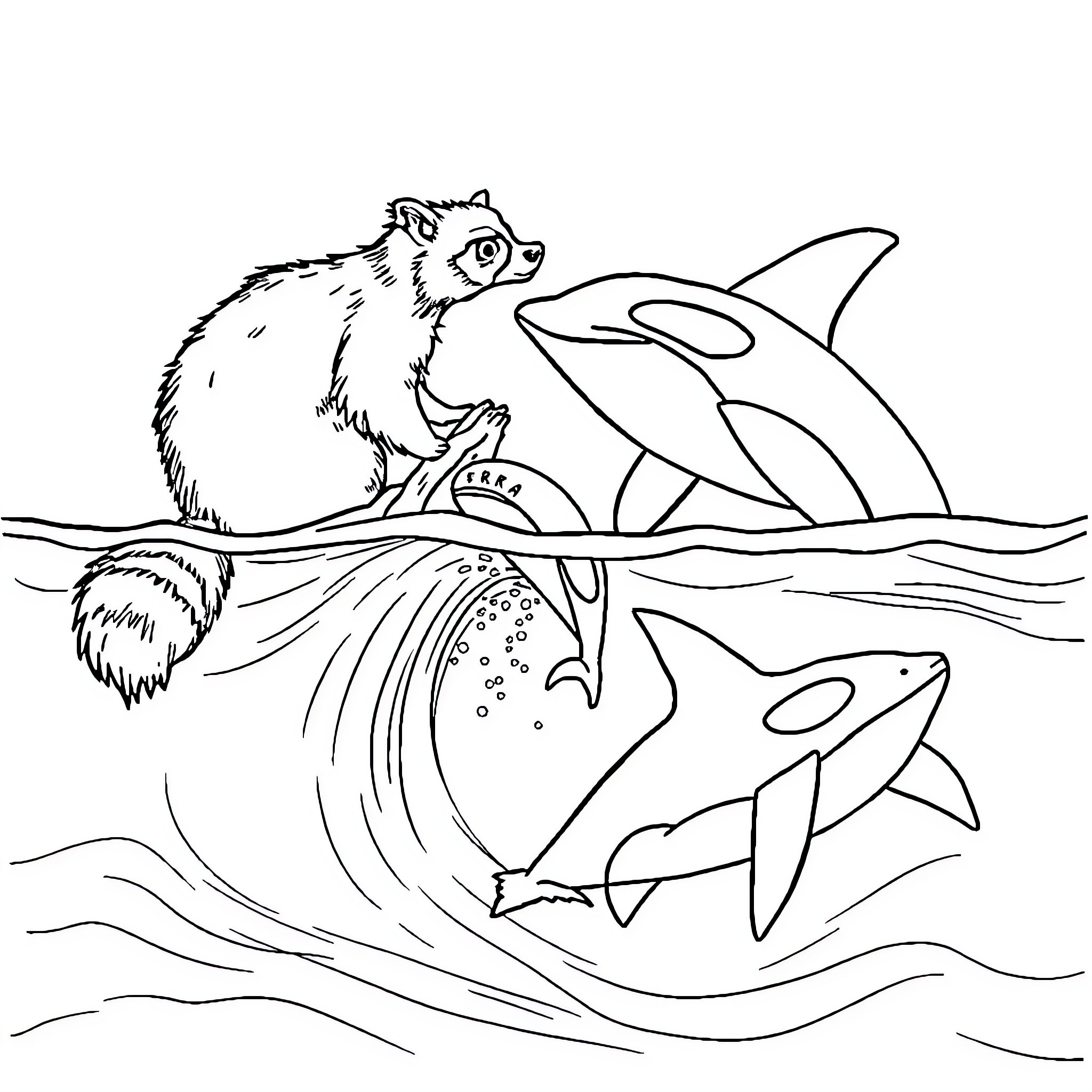 Raccoon observing playful orcas in the ocean Coloring Page (free black-and-white line drawing printable PDF for all, from beginners to advanced learners, including children, teens, adults, and seniors)