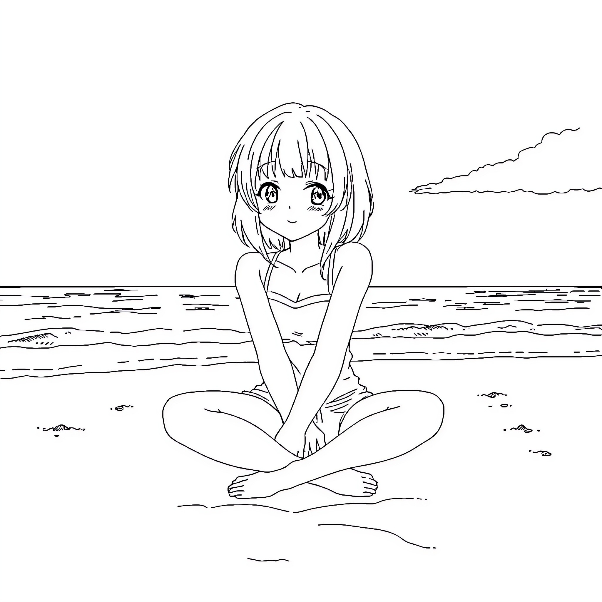 Anime Girl Enjoying Peaceful Coastal Scene Coloring Page (free black-and-white line drawing printable PDF for all, from beginners to advanced learners, including children, teens, adults, and seniors)