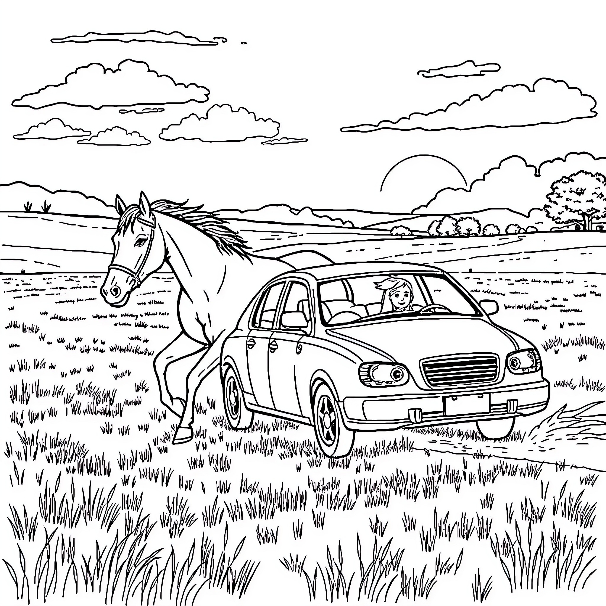 Car with Horse in Pastoral Landscape Coloring Page (free black-and-white line drawing printable PDF for all, from beginners to advanced learners, including children, teens, adults, and seniors)