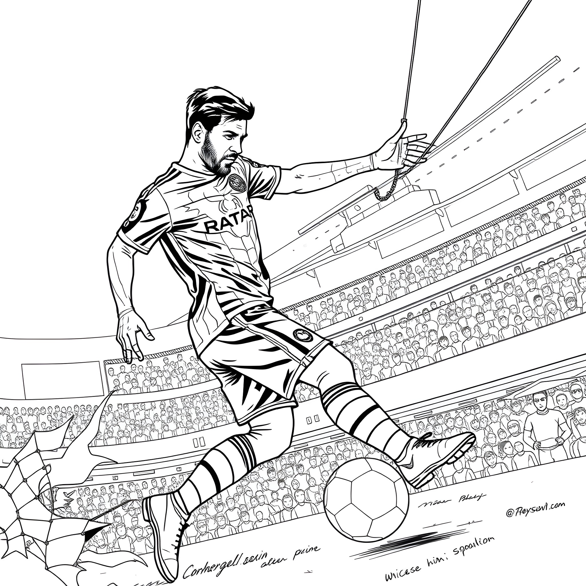 Lionel Messi in action on the soccer field Coloring Page (free black-and-white line drawing printable PDF for all, from beginners to advanced learners, including children, teens, adults, and seniors)