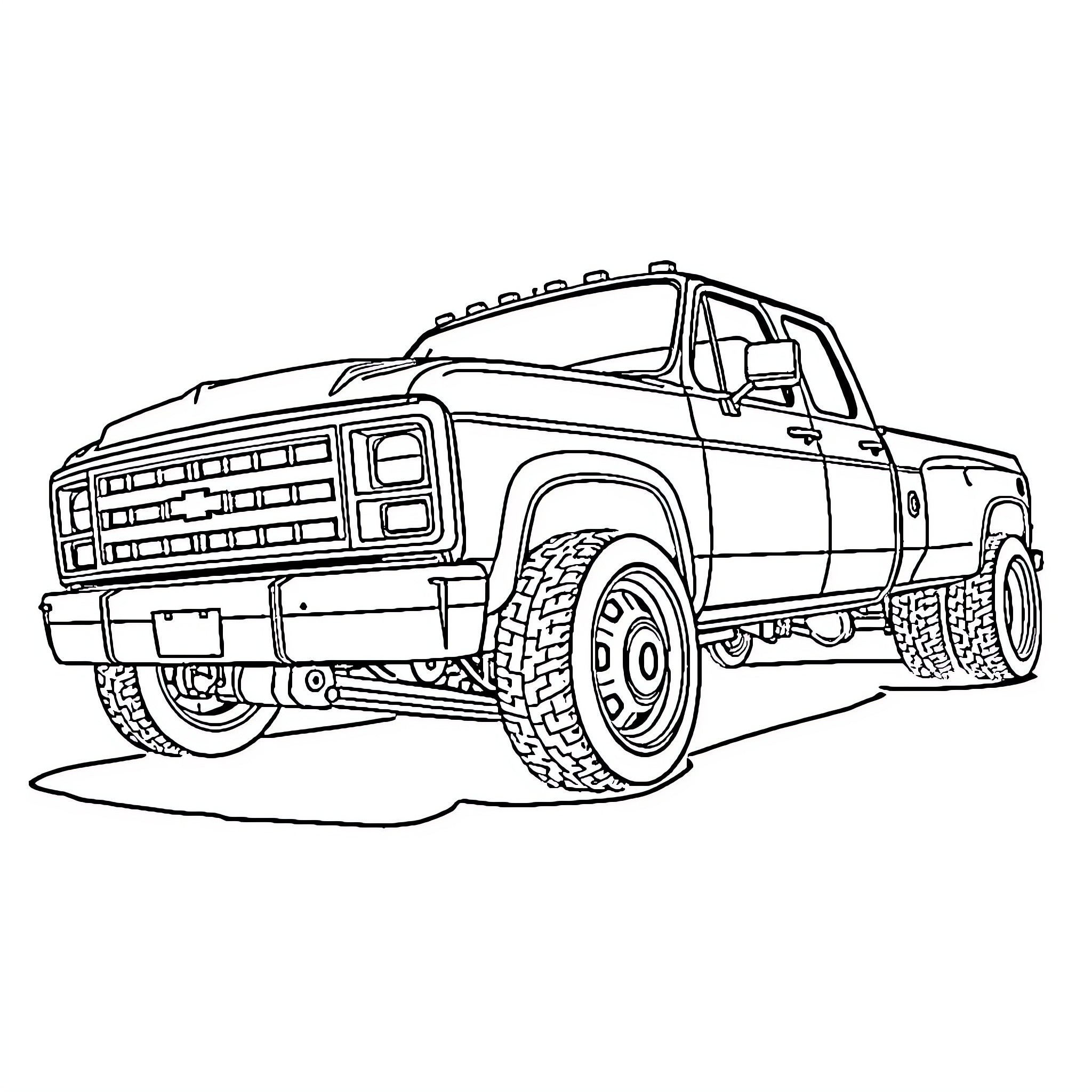 Truck with rugged off-road features Coloring Page (free black-and-white line drawing printable PDF for all, from beginners to advanced learners, including children, teens, adults, and seniors)