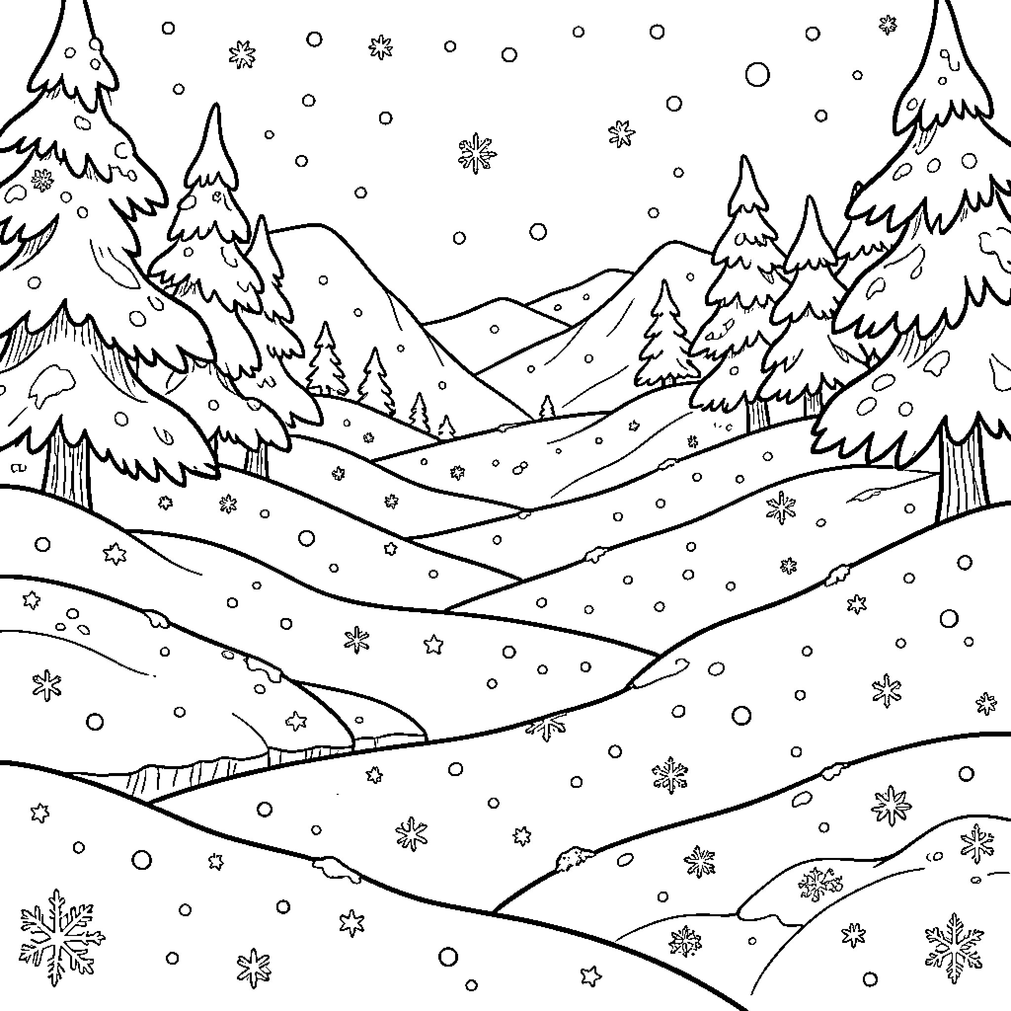 Frozen landscape with snow-covered pine trees and mountains Coloring Page (free black-and-white line drawing printable PDF for all, from beginners to advanced learners, including children, teens, adults, and seniors)