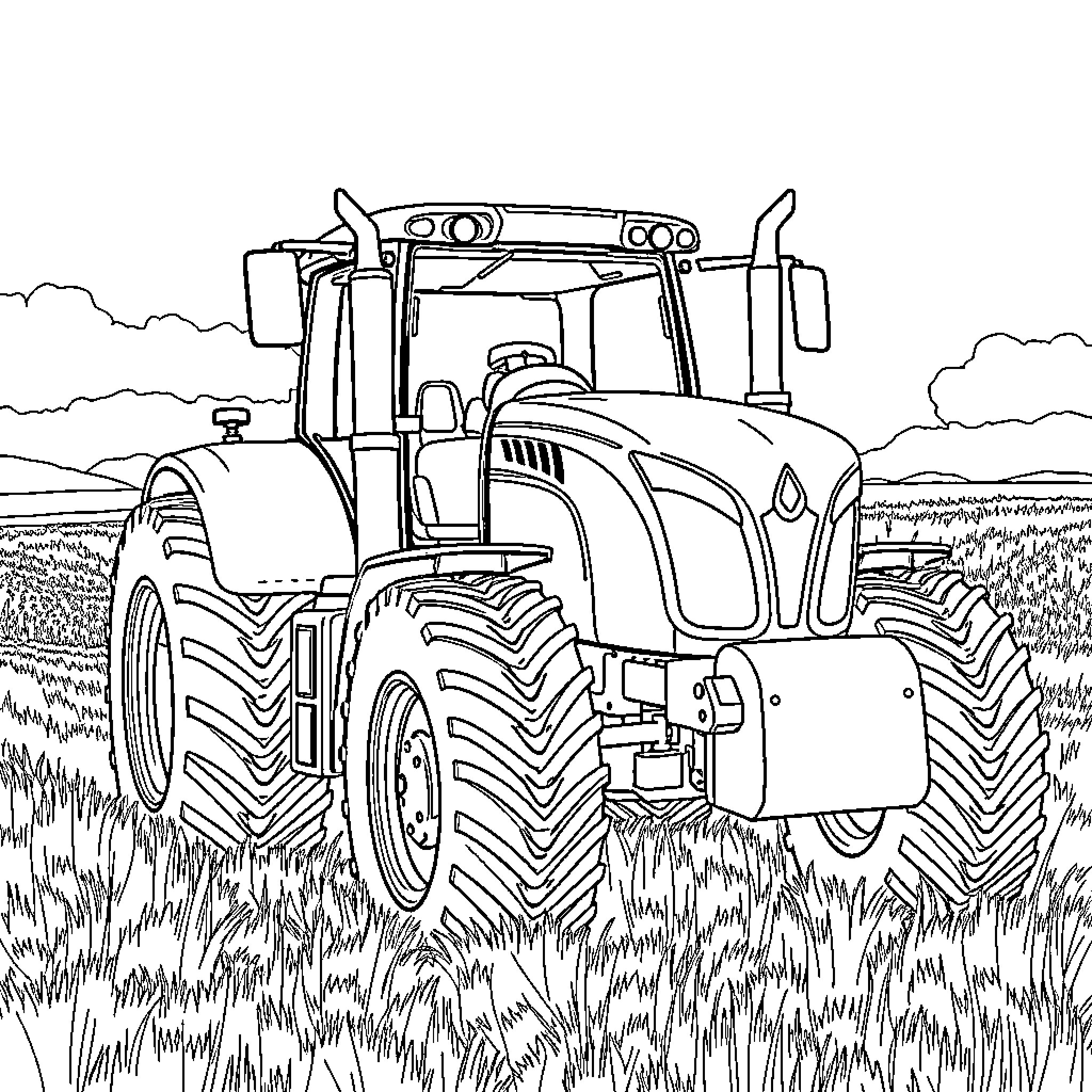Tractor plowing through a farm field Coloring Page (free black-and-white line drawing printable PDF for all, from beginners to advanced learners, including children, teens, adults, and seniors)