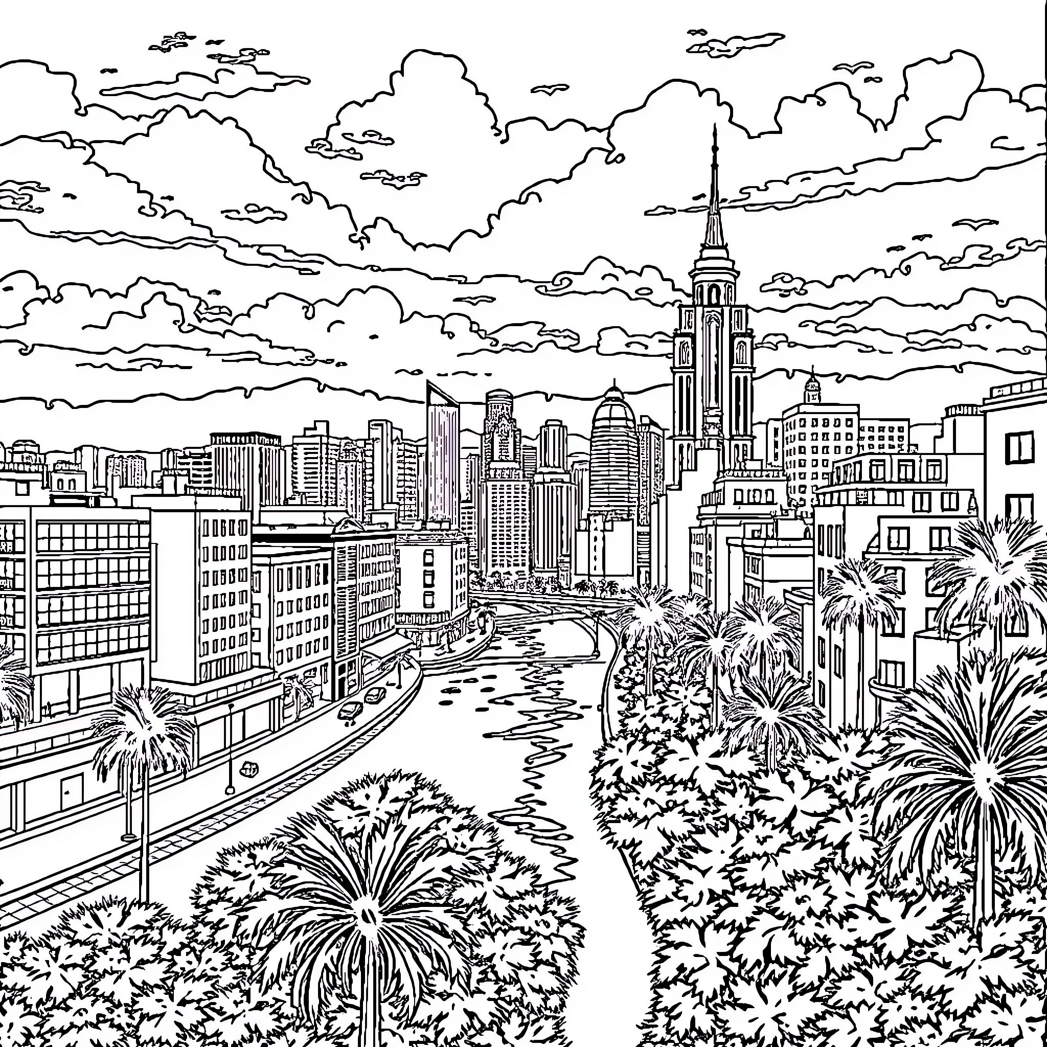 City skyline with iconic landmarks and lush greenery Coloring Page (free black-and-white line drawing printable PDF for all, from beginners to advanced learners, including children, teens, adults, and seniors)
