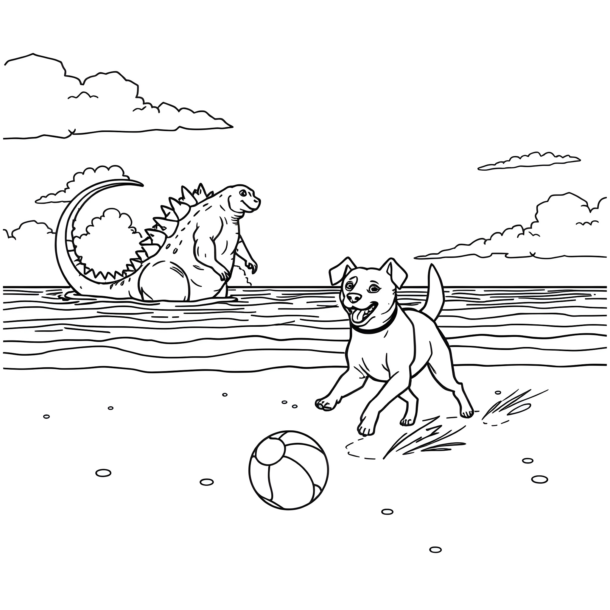 Dog Playing with Beach Ball near Sea Monster Coloring Page (free black-and-white line drawing printable PDF for all, from beginners to advanced learners, including children, teens, adults, and seniors)