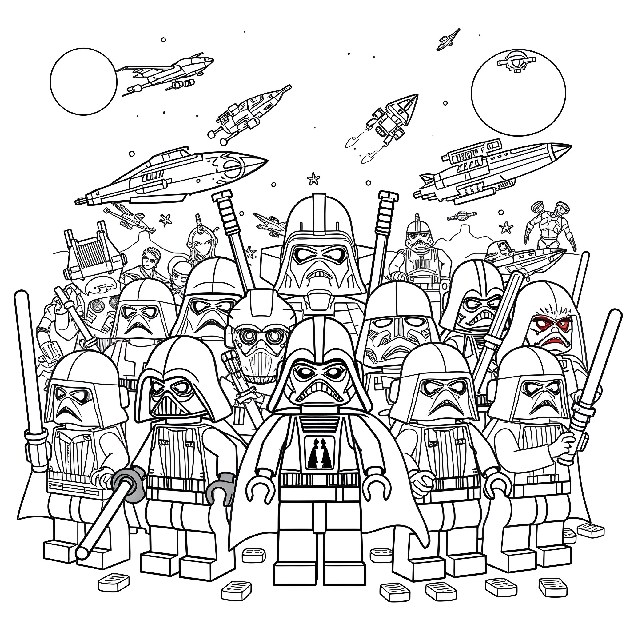 Lego Mini Figure Space Battle Sci-Fi Scene Coloring Page (free black-and-white line drawing printable PDF for all, from beginners to advanced learners, including children, teens, adults, and seniors)