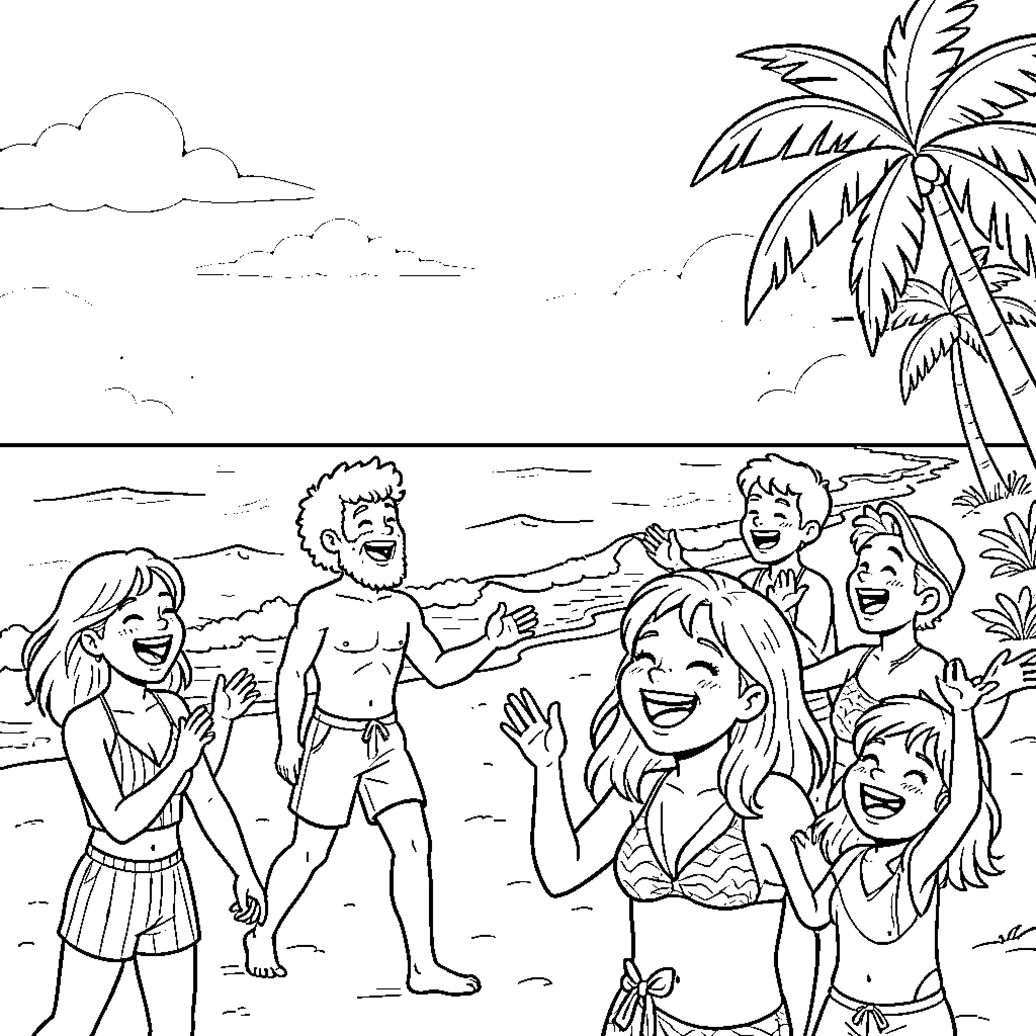 Summer friends enjoying the beach together Coloring Page (free black-and-white line drawing printable PDF for all, from beginners to advanced learners, including children, teens, adults, and seniors)