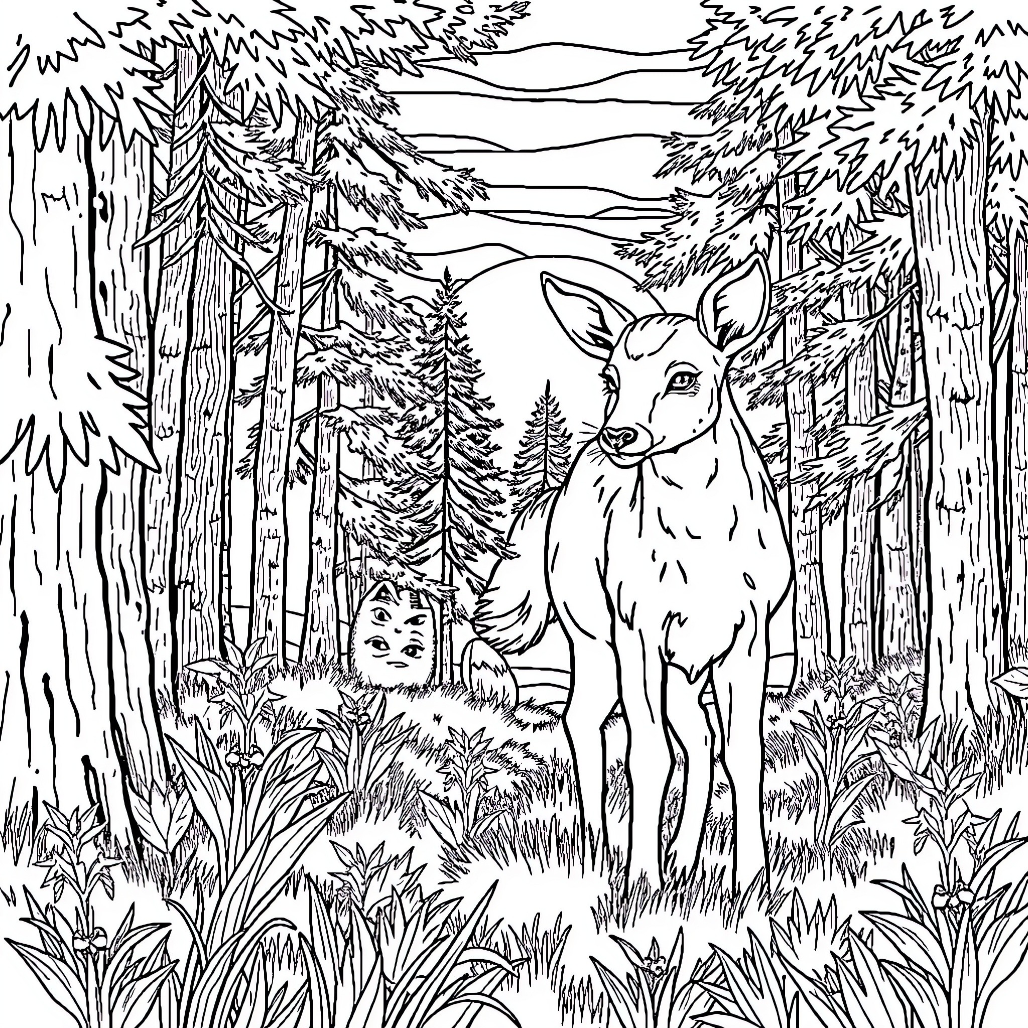 Deer standing in a forest Coloring Page (free black-and-white line drawing printable PDF for all, from beginners to advanced learners, including children, teens, adults, and seniors)