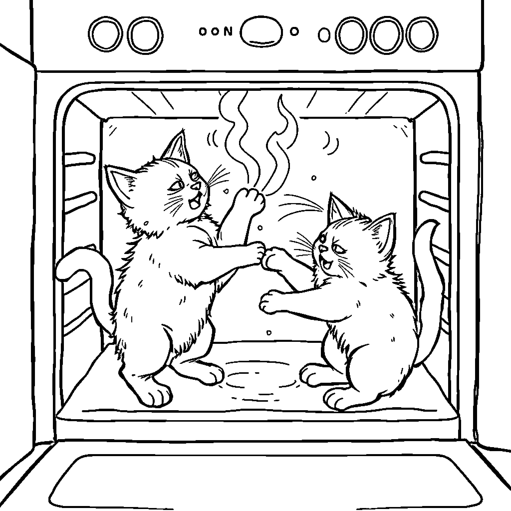 Cat enjoying warmth in the oven with friend Coloring Page (free black-and-white line drawing printable PDF for all, from beginners to advanced learners, including children, teens, adults, and seniors)