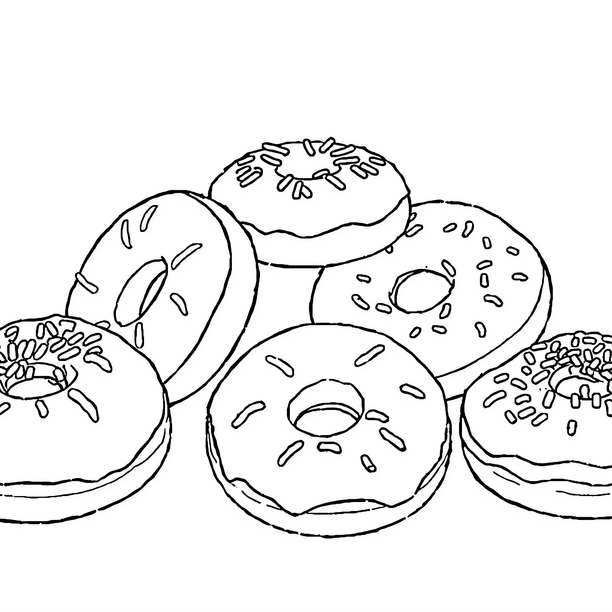 Donut assortment with various toppings and shapes Coloring Page (free black-and-white line drawing printable PDF for all, from beginners to advanced learners, including children, teens, adults, and seniors)