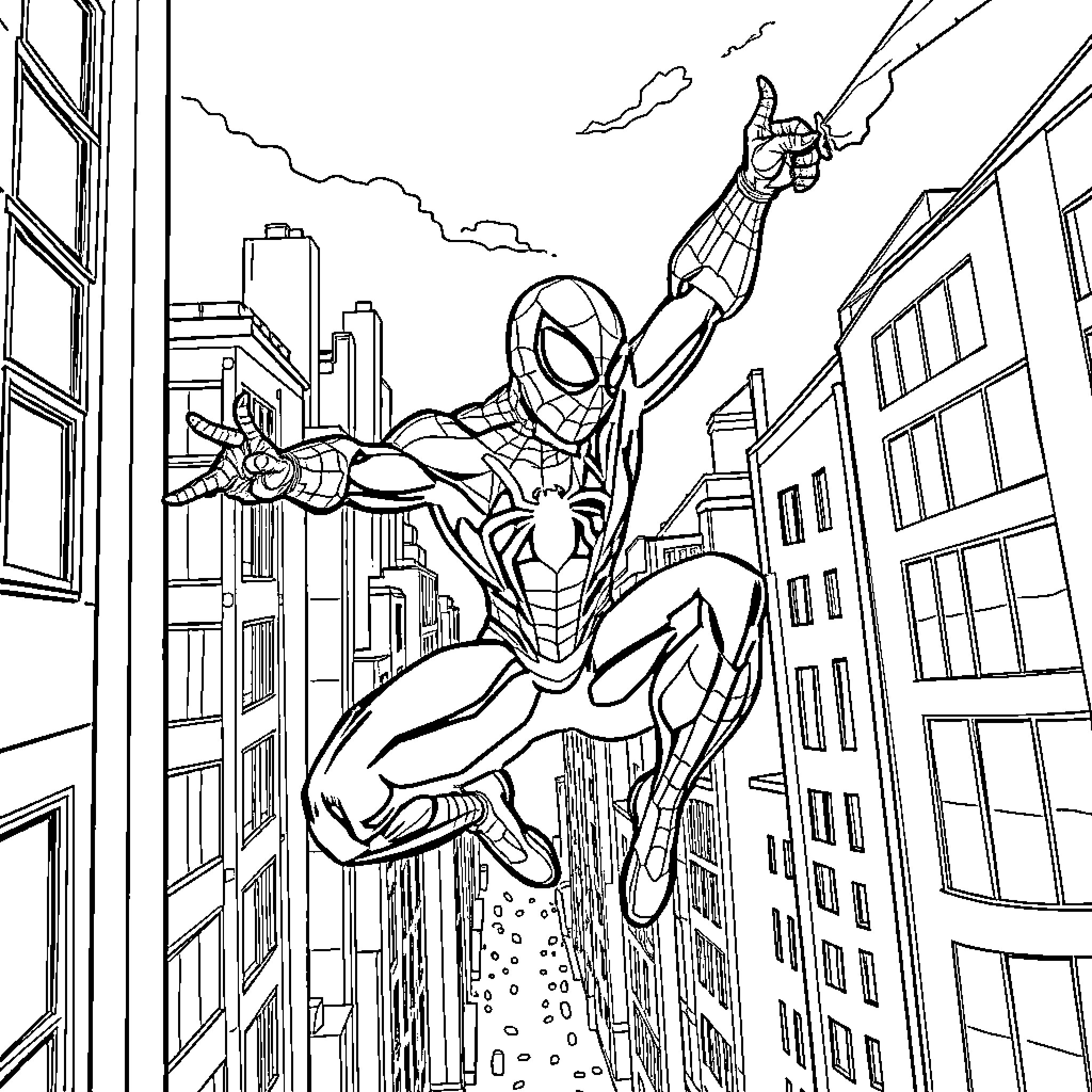 Spidy swinging through the city skyline Coloring Page (free black-and-white line drawing printable PDF for all, from beginners to advanced learners, including children, teens, adults, and seniors)