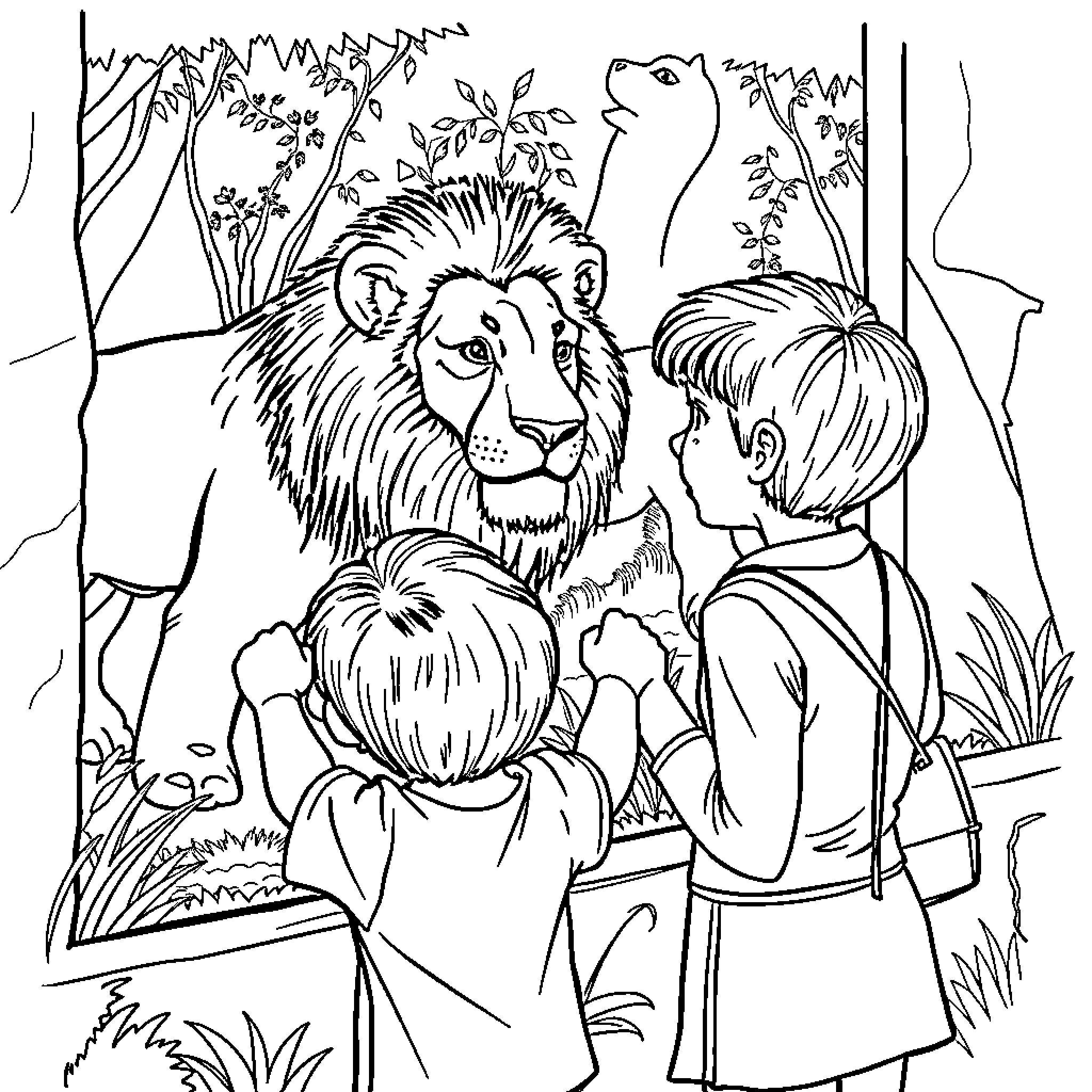 Boy interacting with friendly lion in forest Coloring Page (free black-and-white line drawing printable PDF for all, from beginners to advanced learners, including children, teens, adults, and seniors)