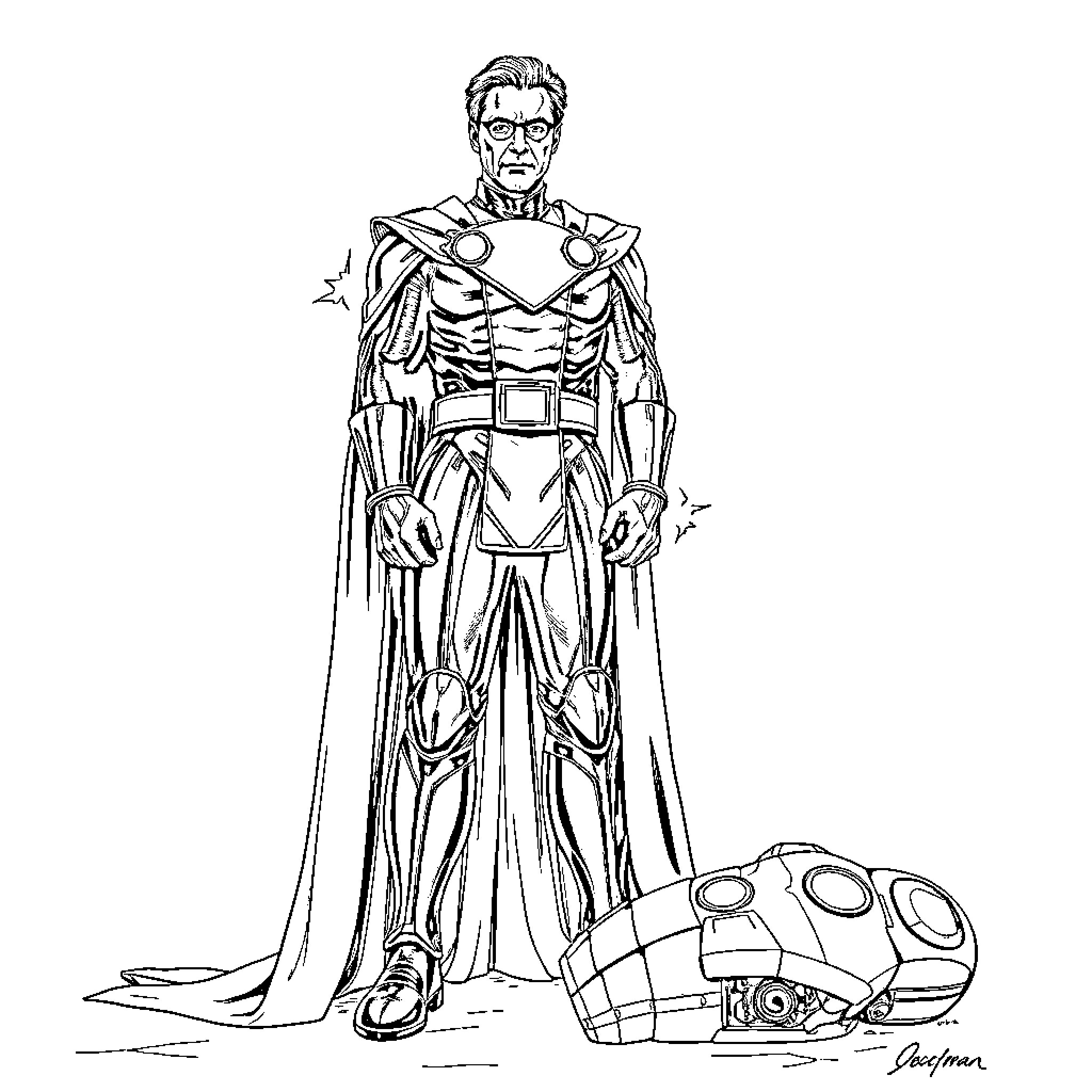 Doctor Doom's Sinister Stance and Mechanical Armaments Coloring Page (free black-and-white line drawing printable PDF for all, from beginners to advanced learners, including children, teens, adults, and seniors)