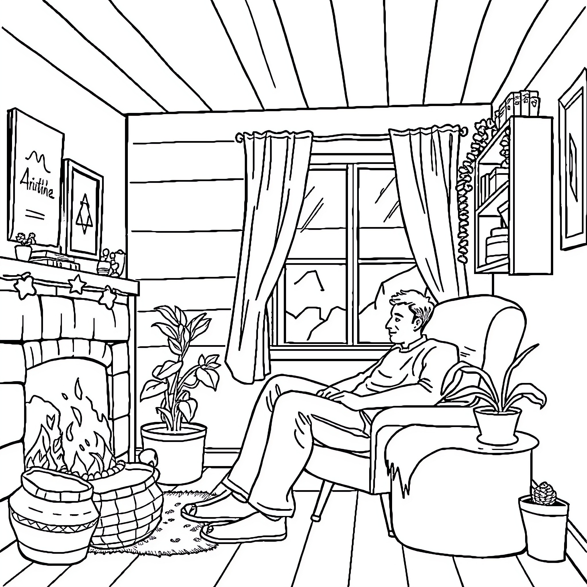 Man relaxing in cozy living room by fireplace Coloring Page (free black-and-white line drawing printable PDF for all, from beginners to advanced learners, including children, teens, adults, and seniors)