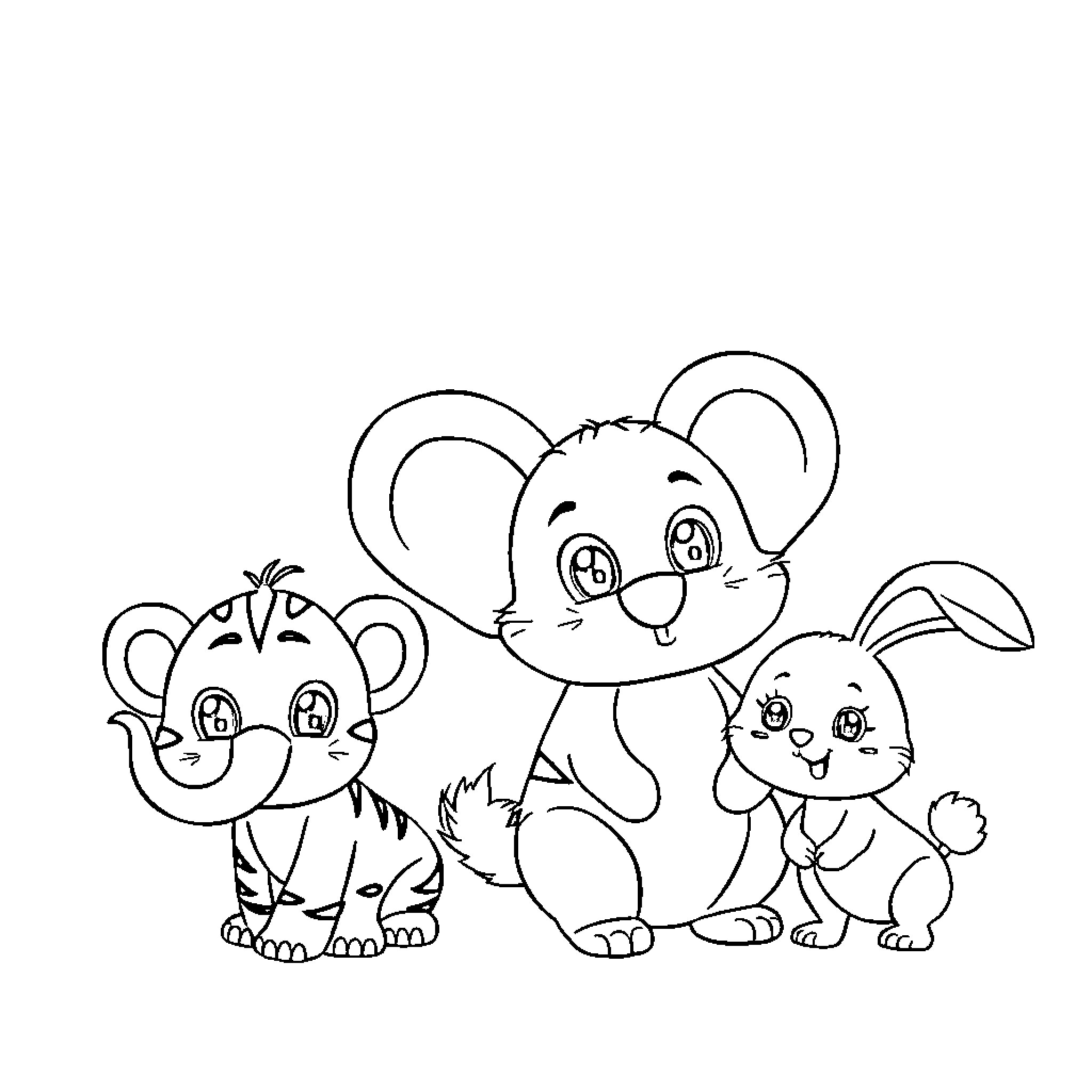 Baby Animal friends playing together Coloring Page (free black-and-white line drawing printable PDF for all, from beginners to advanced learners, including children, teens, adults, and seniors)