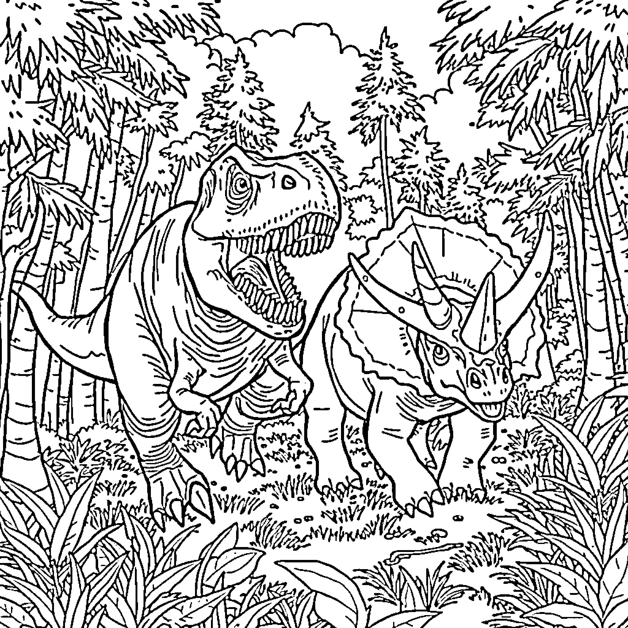 Dinosaurs roaming through a prehistoric forest Coloring Page (free black-and-white line drawing printable PDF for all, from beginners to advanced learners, including children, teens, adults, and seniors)