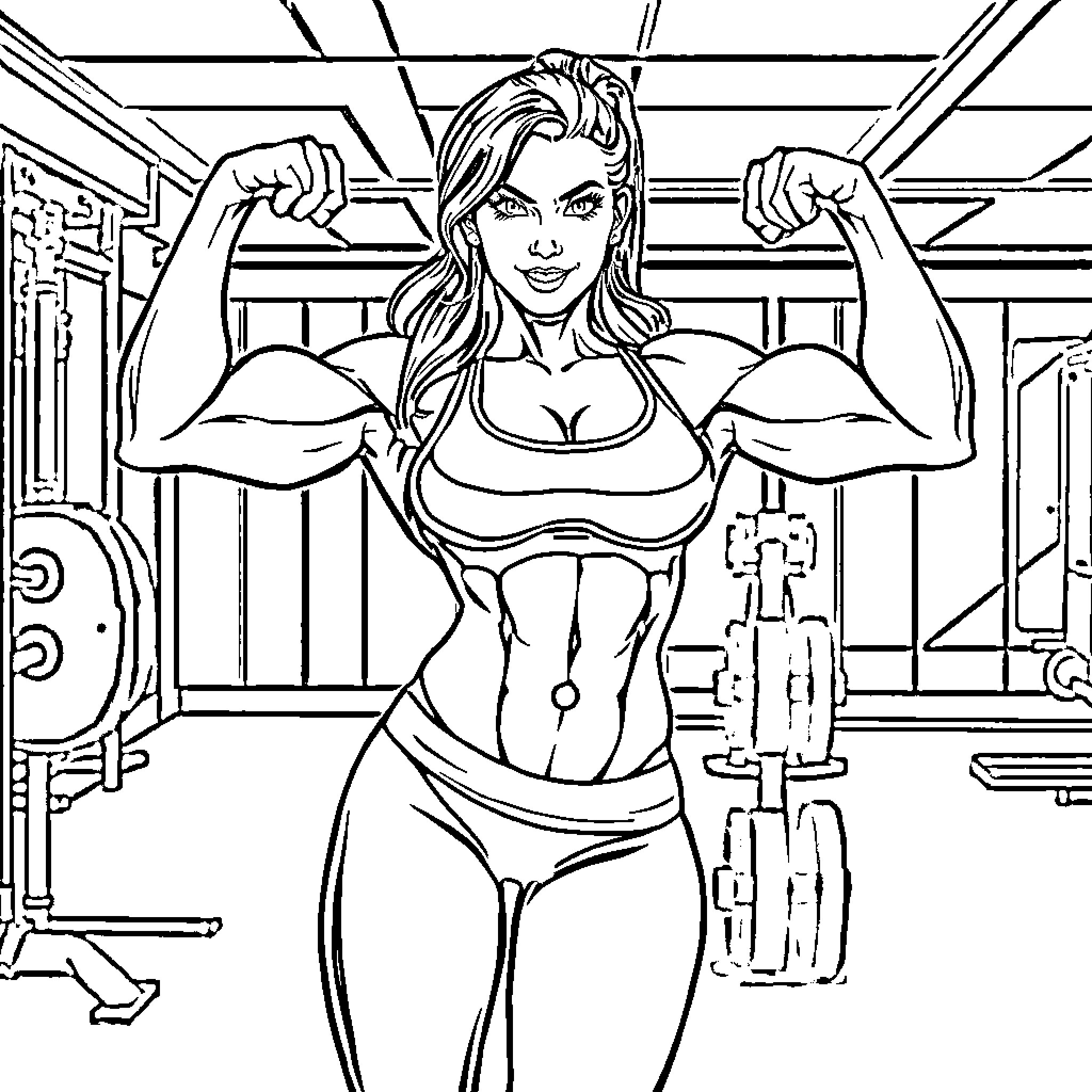 Bodybuilder woman flexing muscles in gym Coloring Page (free black-and-white line drawing printable PDF for all, from beginners to advanced learners, including children, teens, adults, and seniors)