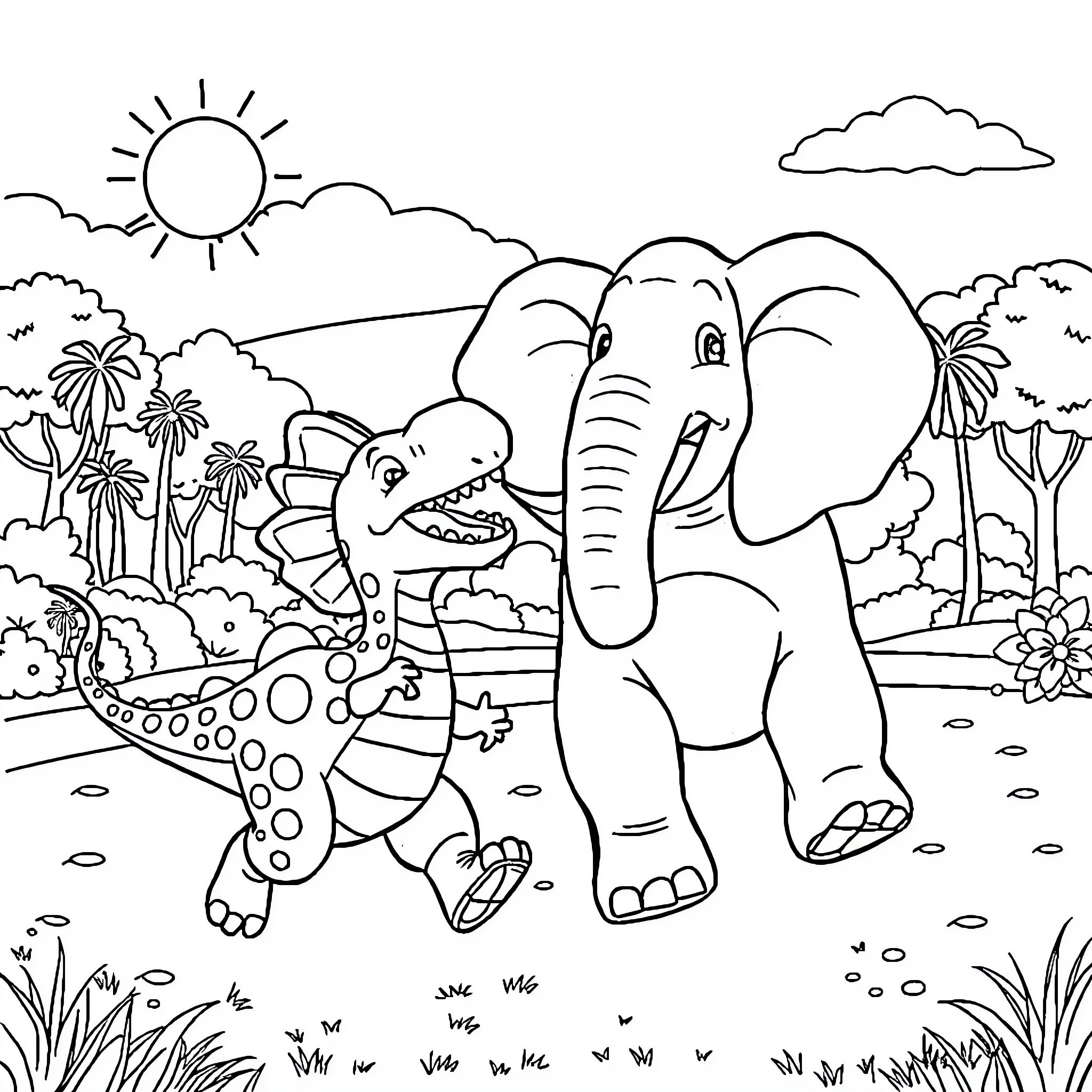 Dinosaur playing with elephant in tropical landscape Coloring Page (free black-and-white line drawing printable PDF for all, from beginners to advanced learners, including children, teens, adults, and seniors)