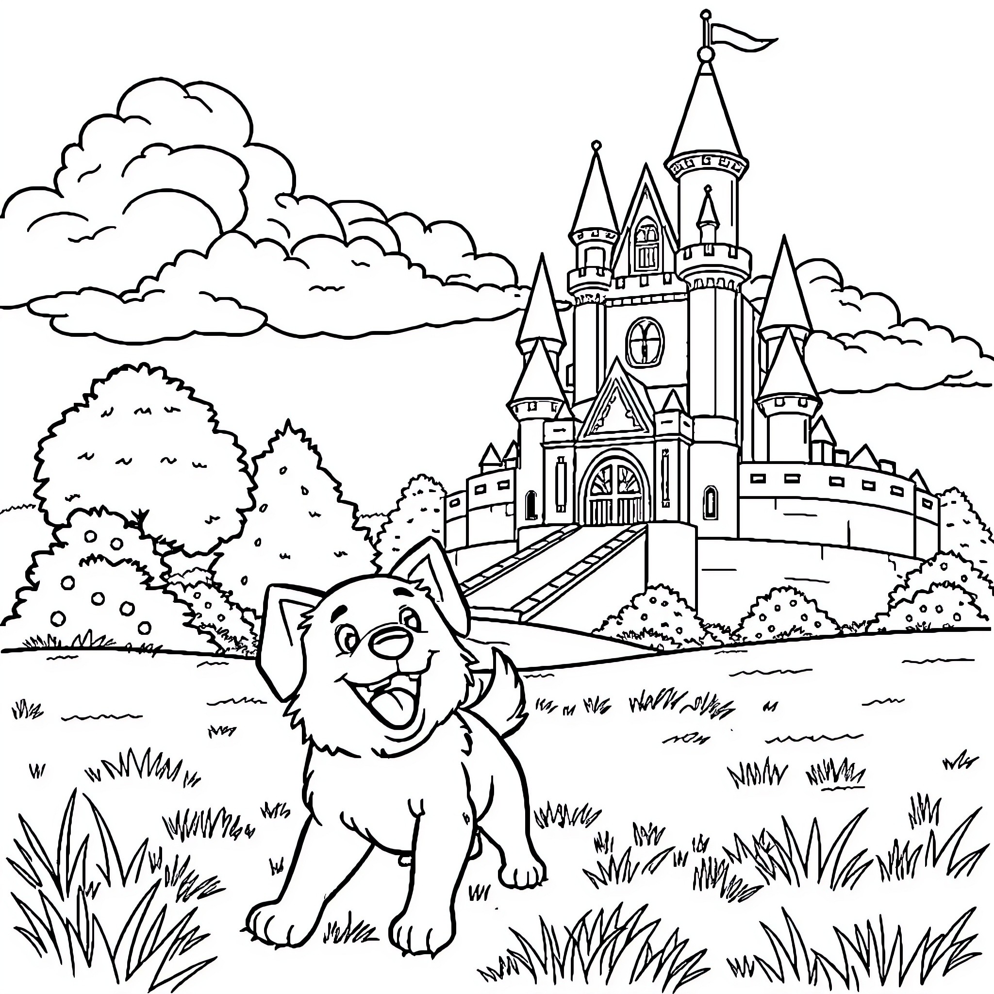 Dog exploring a magical castle landscape Coloring Page (free black-and-white line drawing printable PDF for all, from beginners to advanced learners, including children, teens, adults, and seniors)